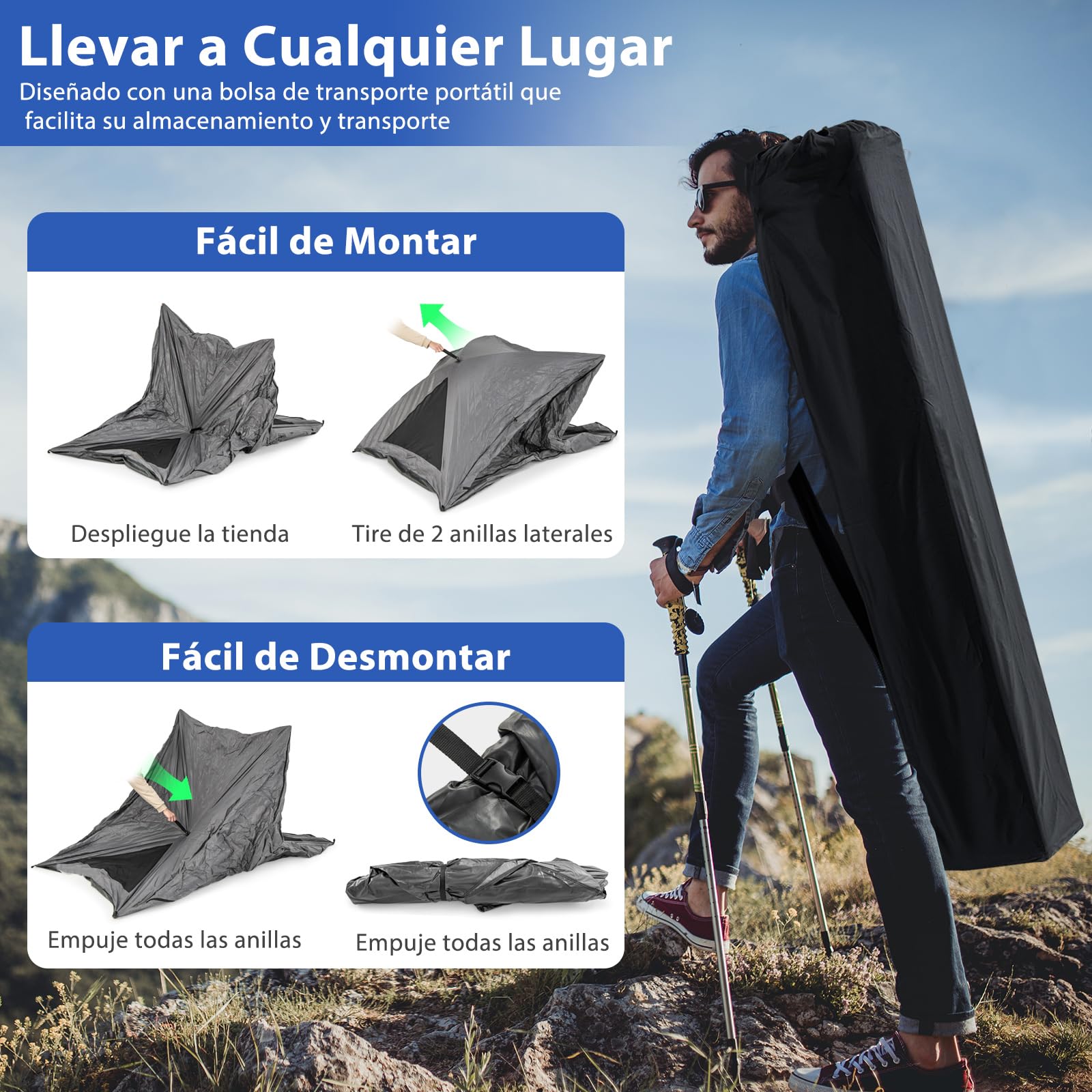 COSTWAY Tienda de Campaña 2-3 Personas, Unidireccional De 360°, Tenda Campismo Impermeable Y Resistente Al Viento para 4 Estaciones, Campaña Montaje Rapido, 225 x 145 x 161 cm