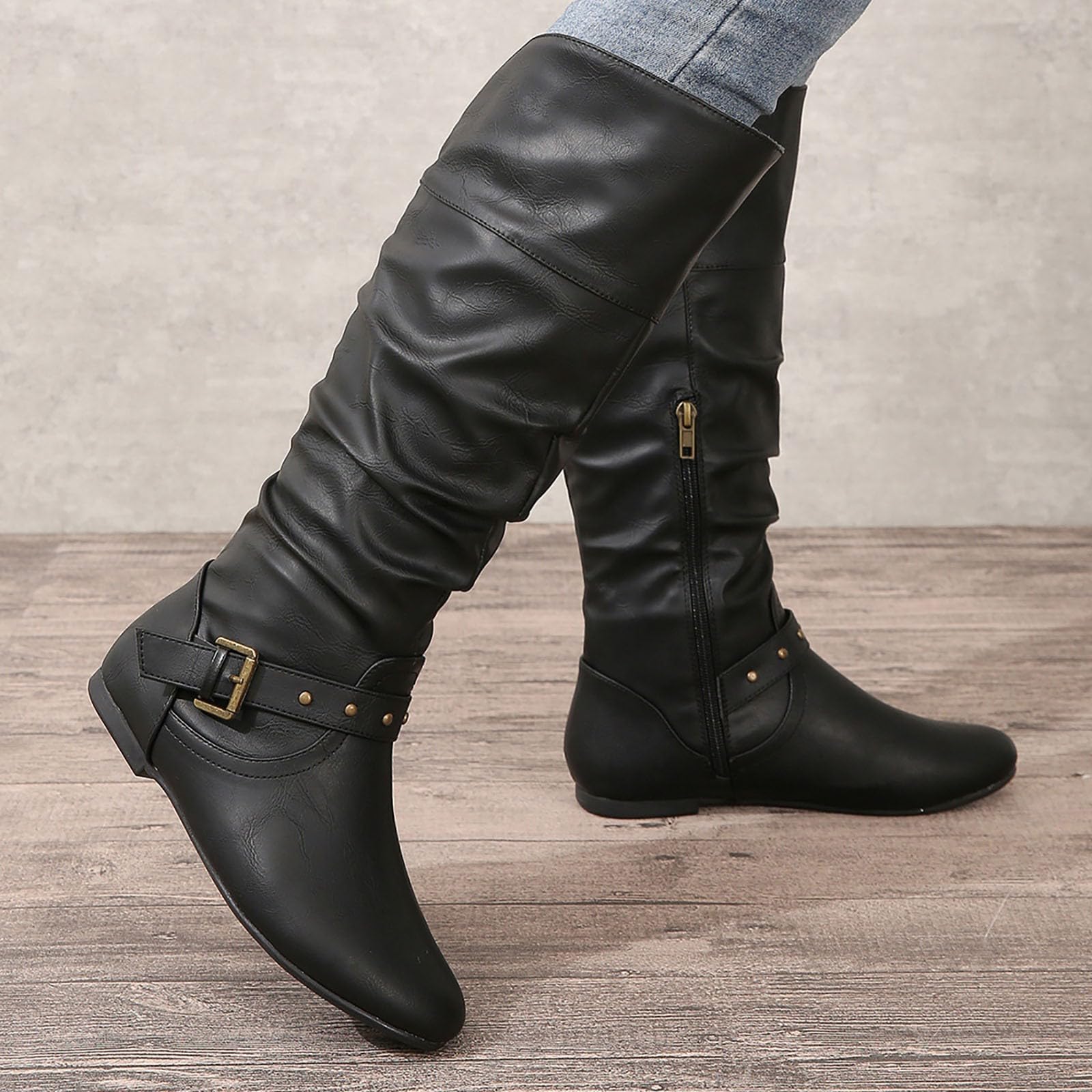 Botas de Invierno Mujer Botas hasta la Rodilla de Cuero Color sólido para Mujer, Moda con Hebilla cinturón y Manga Redonda Negra versátil