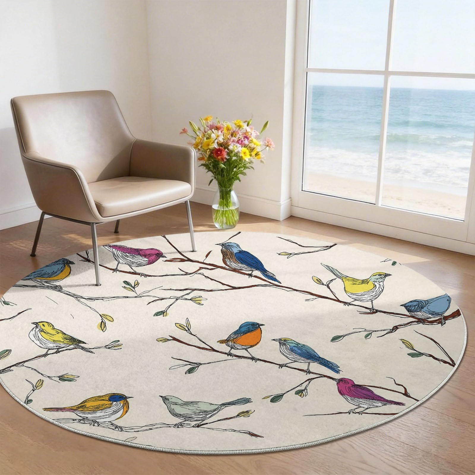 Tapis rond frais japonais antidérapant oiseaux branches beige 120cm