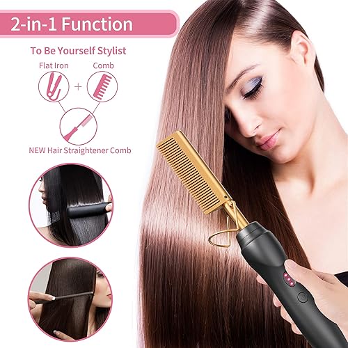 Miniatura 2 de Glod 3 en 1 alisador de pelo eléctrico con peine caliente, peine de cerámica para alisar el cabello, rizador para cabello negro natural, barba o