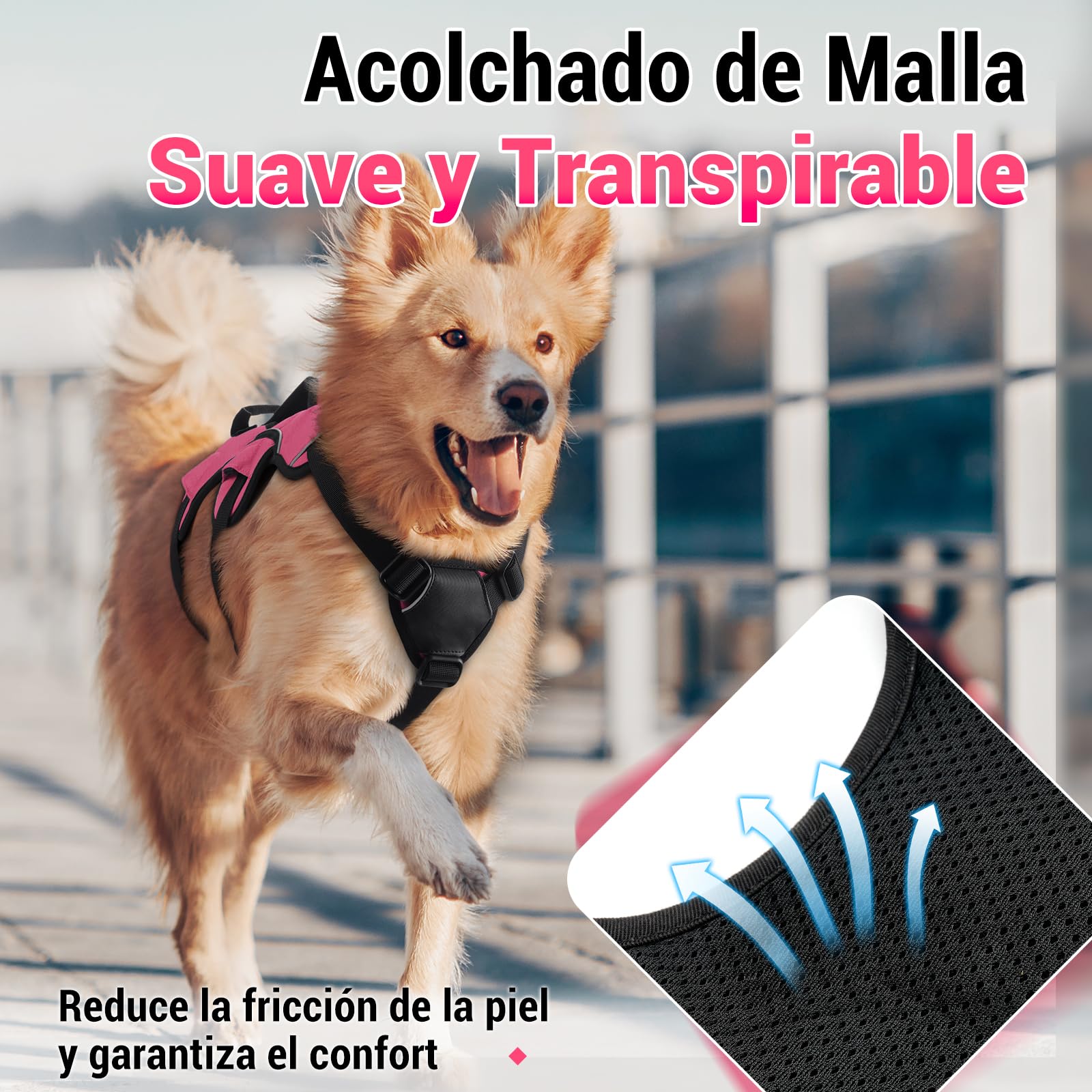 rabbitgoo Arnes Antitirones Perro Grande Mediano Ajustable con Manija de Espalda, Chaleco Acolchado Arnés para Perro Coche Lineas Reflecantes Paseo Fácil para Entrenamiento Tamaño Rosa S