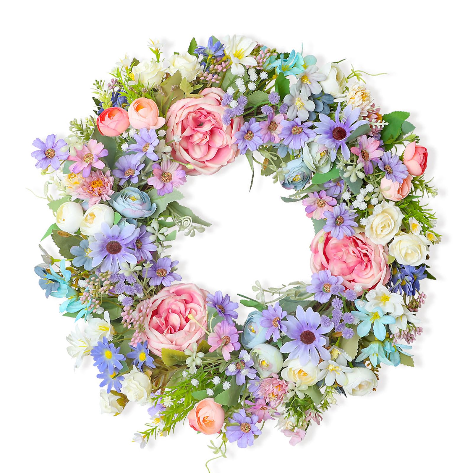 Artificial Flower with Leaves Realistic Rose Floral Wreath Wedding Decoration for Door Wall Window Farmhouses Silk Flower Wreath