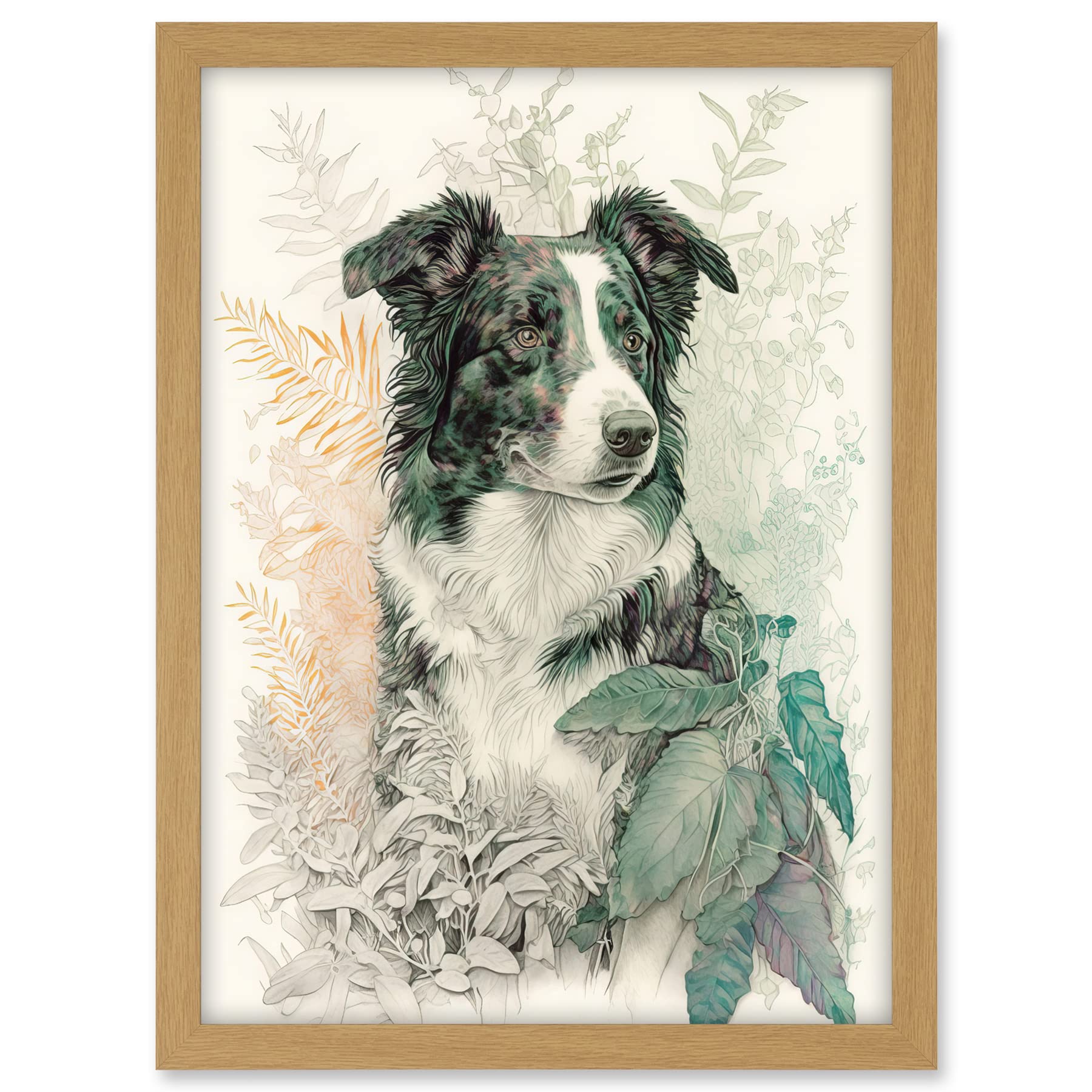 Artery8 Border Collie Dog in Field Modern Colour Pencil Portrait Illustration Artwork Framed A3 Wall Art Print