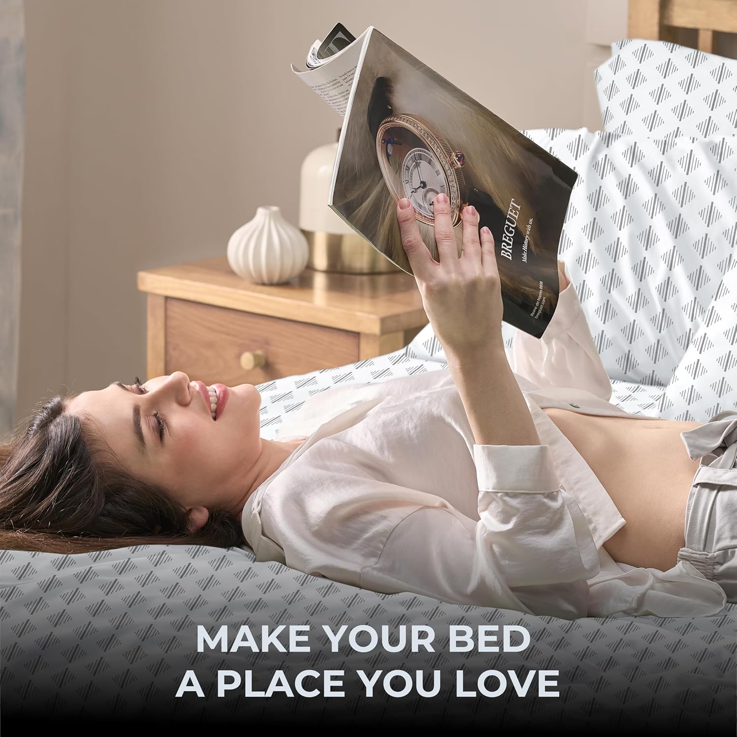 Queen Size Bed Sheets Set - Percale Weave Natural - Breathable 100% Cotton Printed 4 Piece Bedding Set with 2 Pillowcases, 18" Deep Pocket Fitted Sheet, Flat Sheet - Grey Ida Print - Image 7