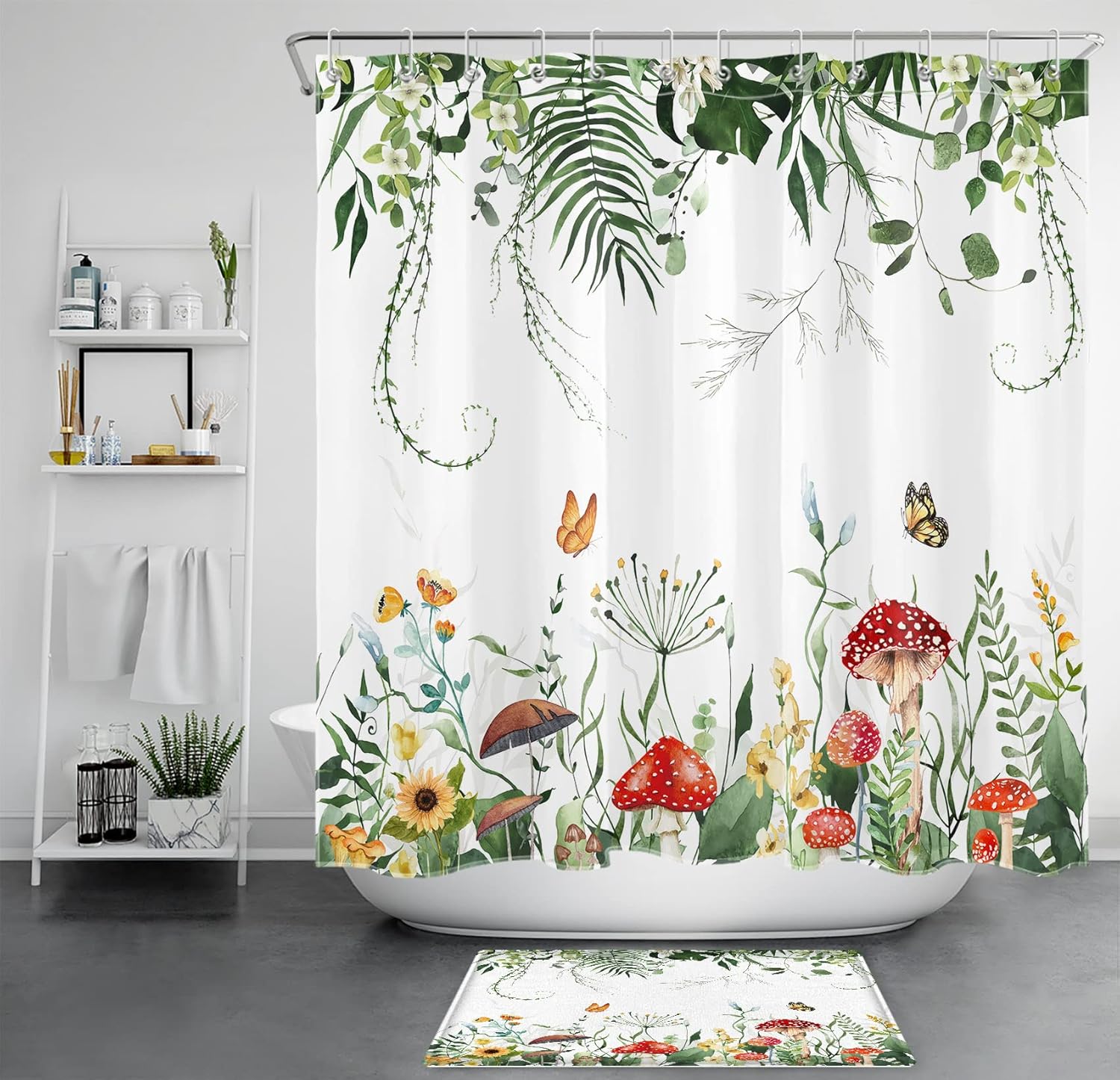 LB Sage Green Plant Shower Curtain Red Mushroom Orange Butterfly Yellow Flowers Shower Curtain Set Eucalyptus Leaf Shower Curtains for Bathroom with Bath Mat and Hooks,Waterproof Fabric,72x72 inch