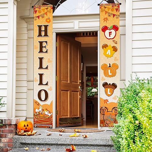 Miniatura 3 de Letrero decorativo para porche con texto en inglés "Hello Fall", suministros temáticos de otoño, diseño de ratón, calabaza, puerta, hoja, arce,