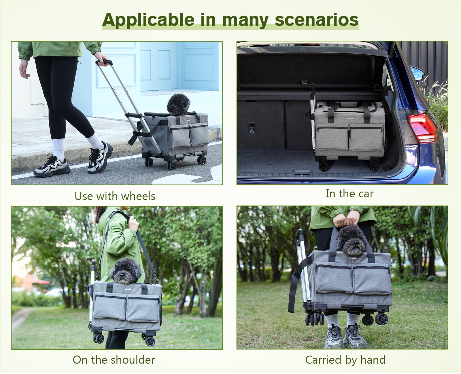 Pecute Transportin Perro con Ruedas, Bolsos para Perros de hasta 6kg, Transportin Gato con Doble Barra y Ruedas Silenciosas, Estable y Seguro, para Viajar, Hacer Senderismo o IR al Veterinario, Gris