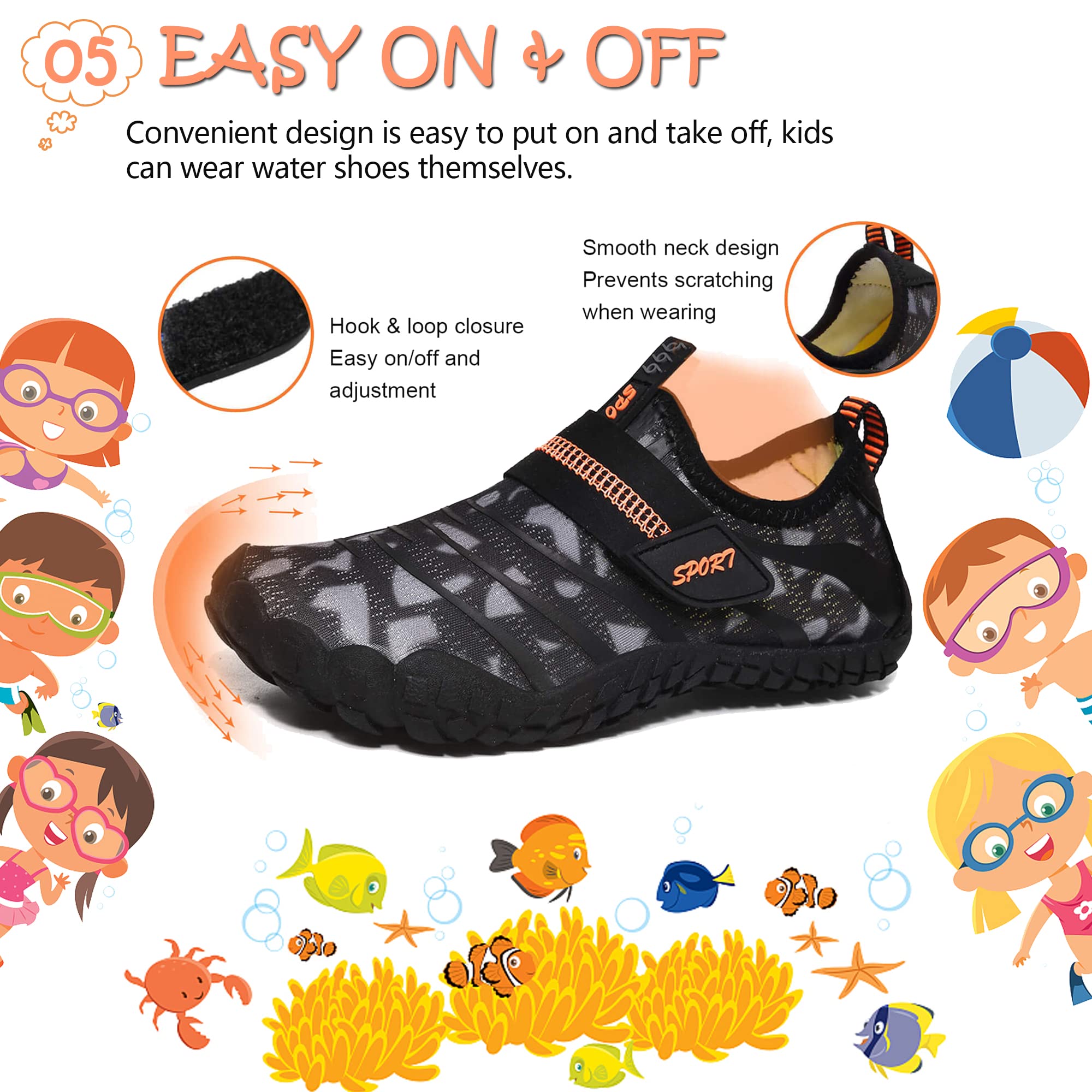 Wasserschuhe für Kinder, Jungen, Mädchen, Strandschuhe, Aqua, Schwimmschuhe, Pool, Barfußschuhe, schnell trocknend, leicht, Kinder, Surfen, Tauchschuhe, schwarz grau, 34 EU