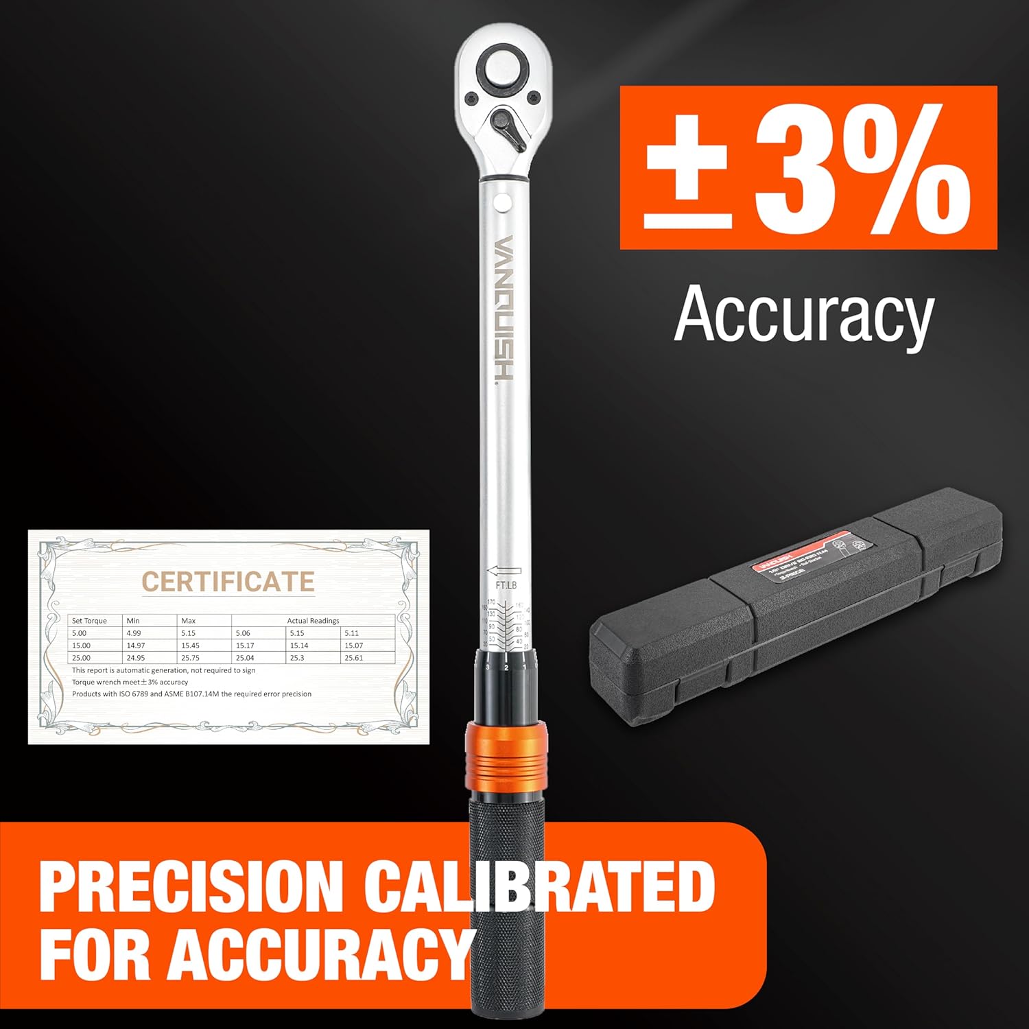 Vanquish 1/4-inch Drive Torque Wrench with 4" Extension Bar and 1/4" to 3/8" Adapter, 72-tooth, 40-220 IN.LB/4.5-24.8 Nm, ±3% High Precision, 1601AM