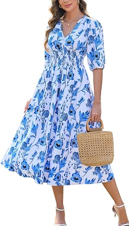 Kormei Women Casual Boho V Neck 3/4 Sleeve Smocked Waist A Line Flowy Swing Midi Dress Smocked Long Dress