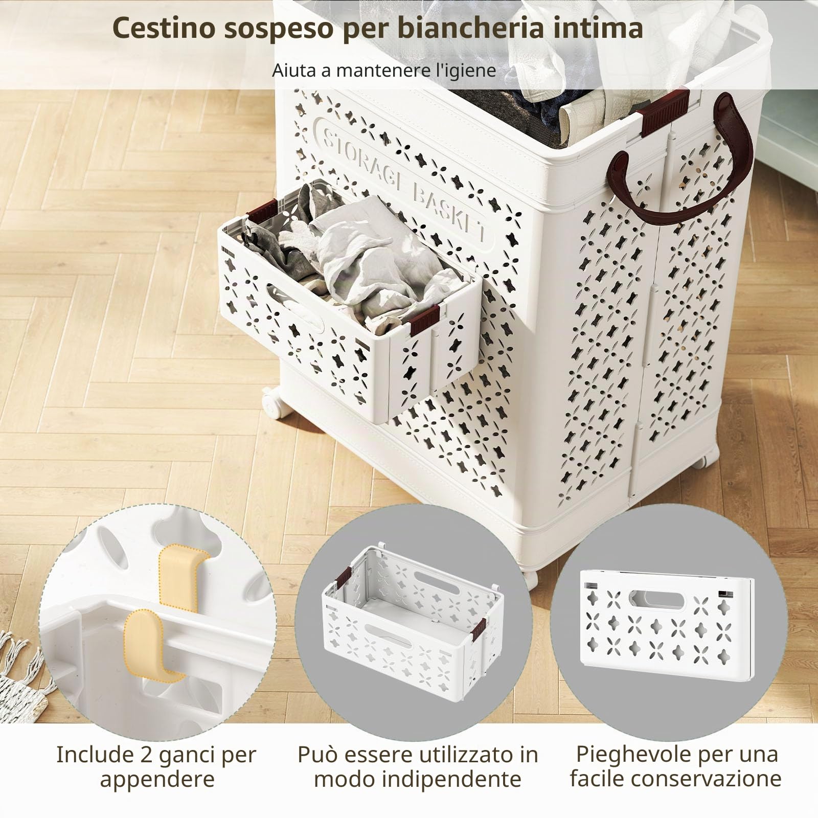 LIFEZEAL Cesto per biancheria pieghevole con ruote, 75 L, portatile, con maniglia, cesto per lavanderia in plastica per camera da letto, bagno, dormitorio, lavanderia