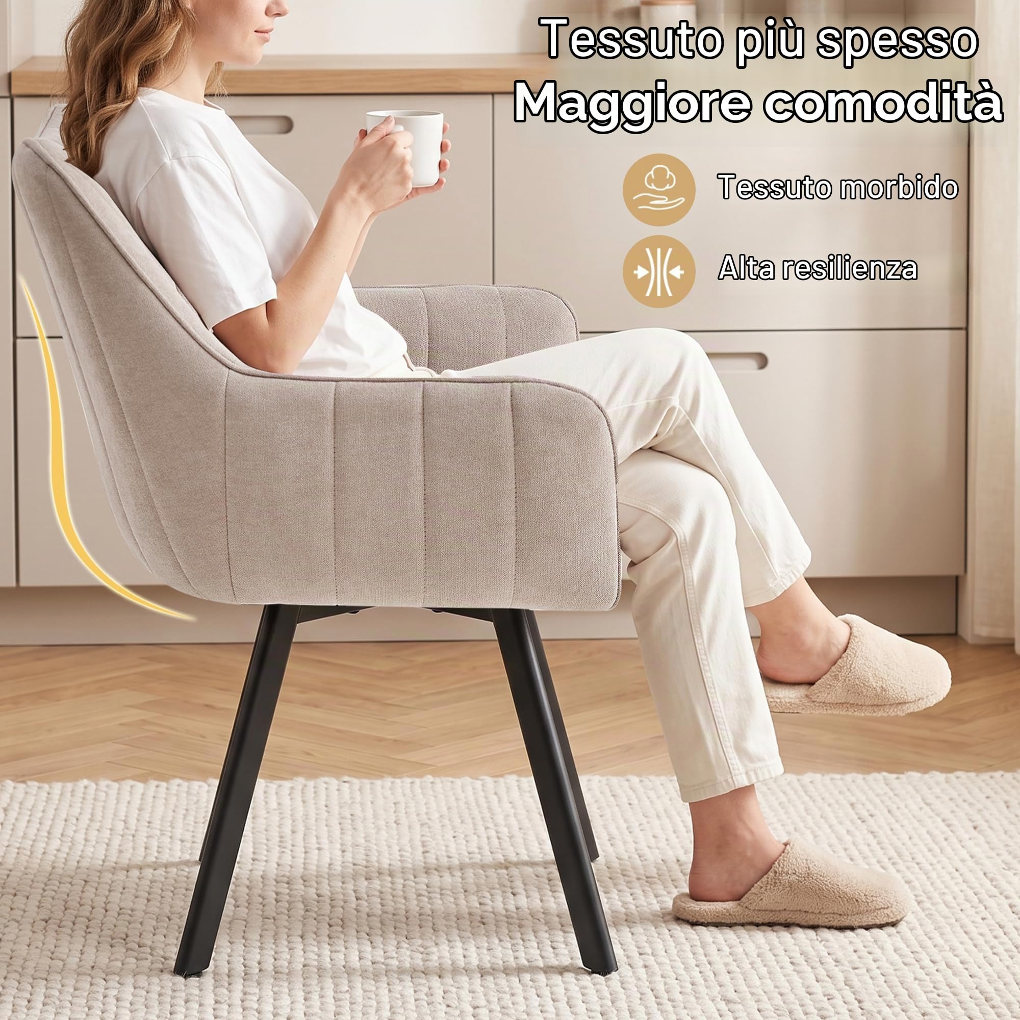 Set di 4 Sedie da Pranzo con Braccioli, Sedie da Cucina Imbottite in Lino, Gambe in Metallo Girevoli a 360°, Adatte a Sale da Pranzo, Cucine e Soggiorni, Beige