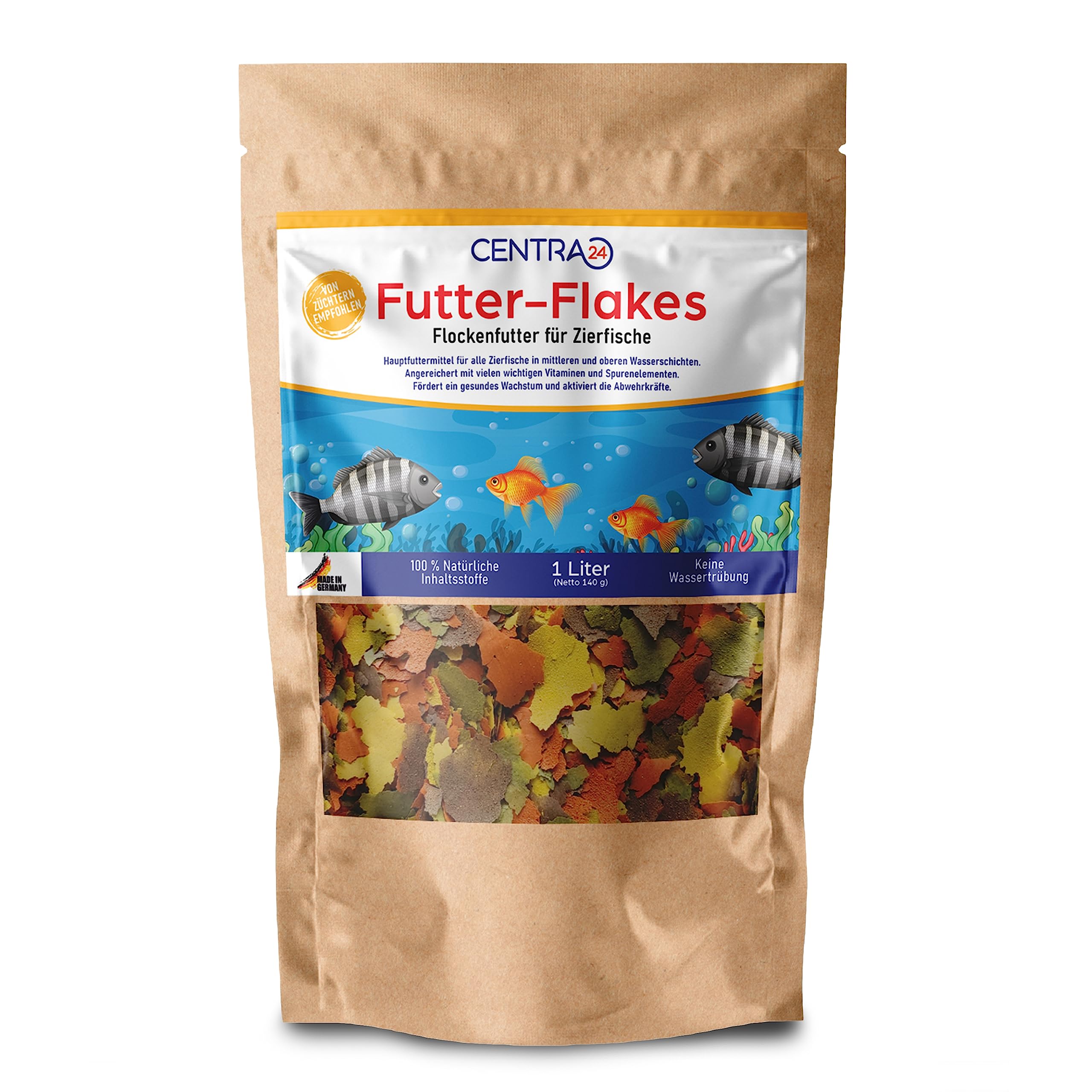 Centra24 Premium Fischfutter 1L, Futter-Flakes, Flocken - Hauptfuttermittel für alle Zierfische mit Vitaminen ohne Konservierungsstoffe, Aquarium, Süßwasserfisch
