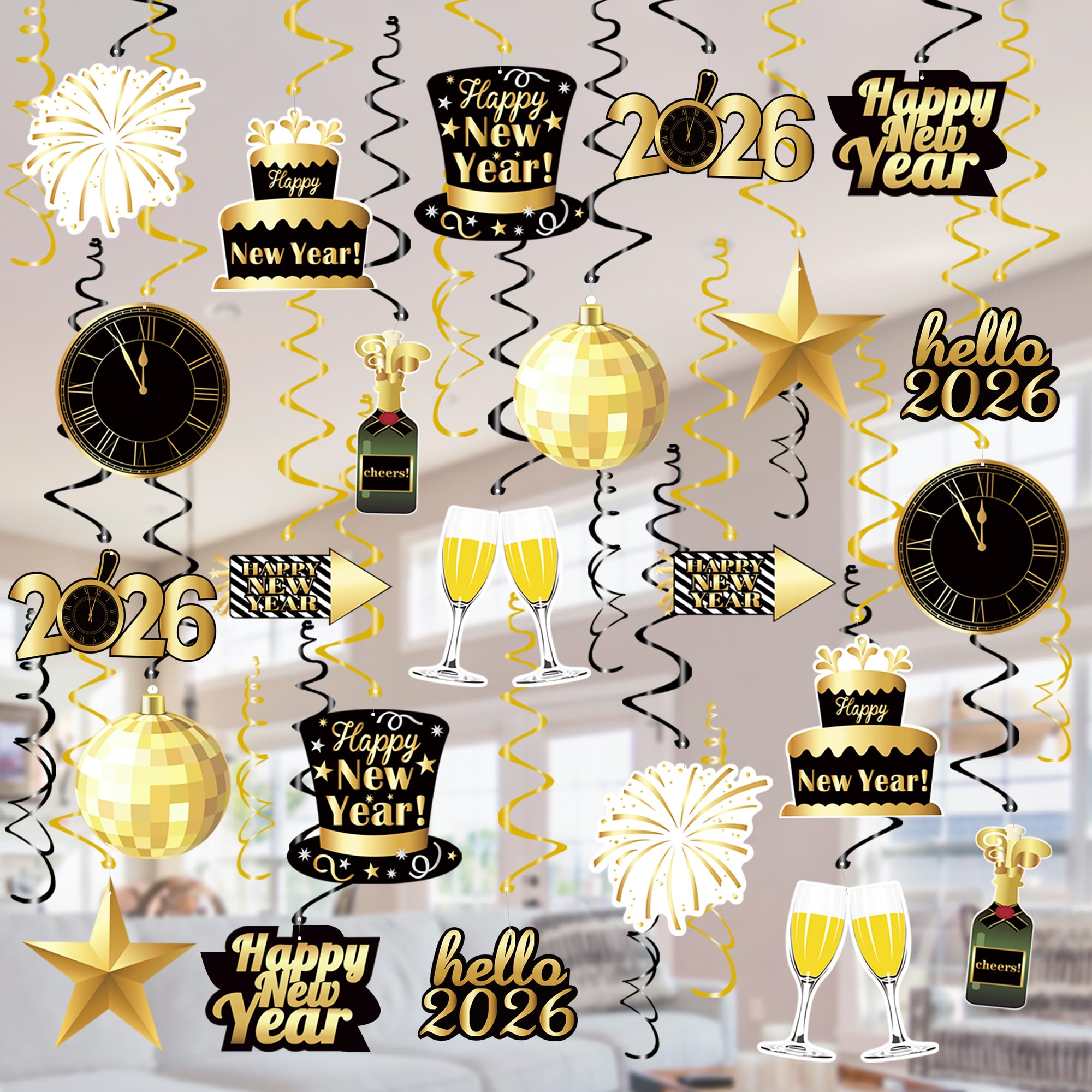Tifeson 36 Pcs Happy New Year Decorations Hanging Swirls - Happy New Year Decorations 2026 - New Year's Eve Party Decorations Supplies 2026 for Home Office Ceiling (Black and Gold)