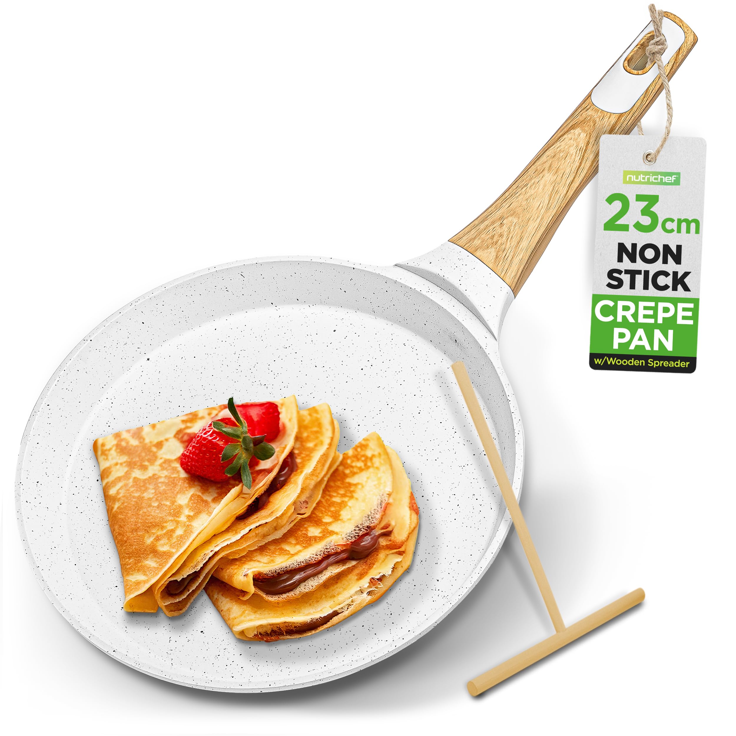 Nutrichef Non-Stick Crepe Pan with Wooden Spreader, 24cm Marble Coated Pancake Pans for Stove Top, Induction Compatible, Bakelite Handle, PFOA/PFOS Free, Dishwasher Safe, White Cream