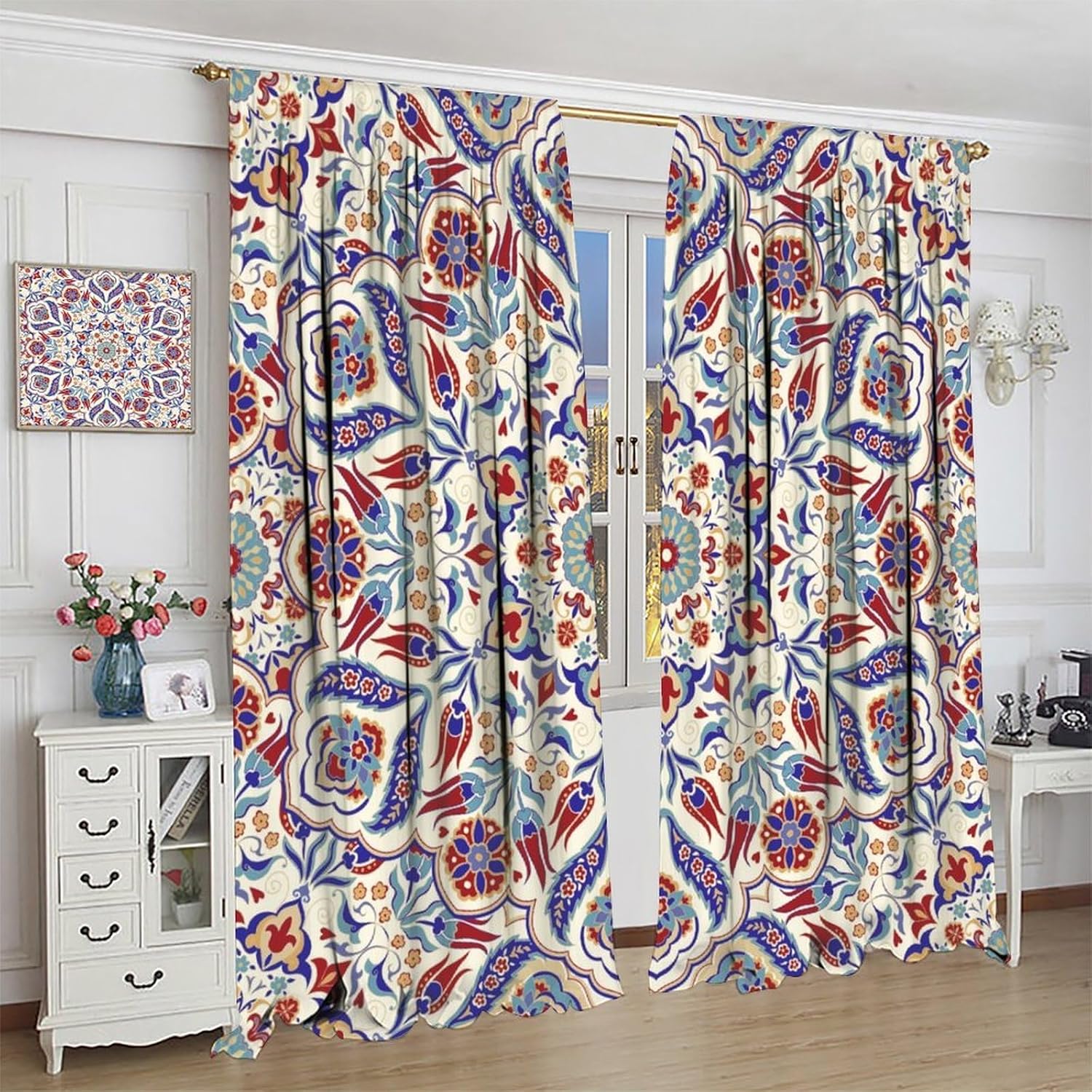 Vintage Mandala Blackout Curtains,Colourful Retro Hand-Painted Textured Art Rustic Style Boho Print Rod Pocket Window Treatments Drapes for Bedroom Kitchen Living Room 42" W X 45" L