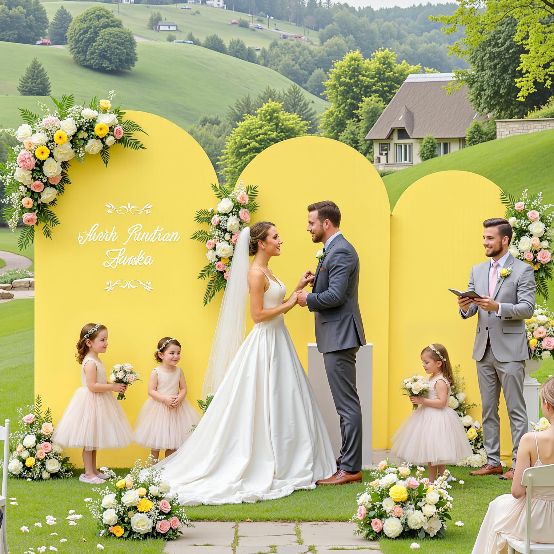 Lot de 3 housses de toile de fond en forme d'arche jaune de 2,2 m, 2 m, 1,8 m, extensibles pour fête de mariage, fête prénatale, anniversaire, photographie en élasthanne, rideaux décoratifs