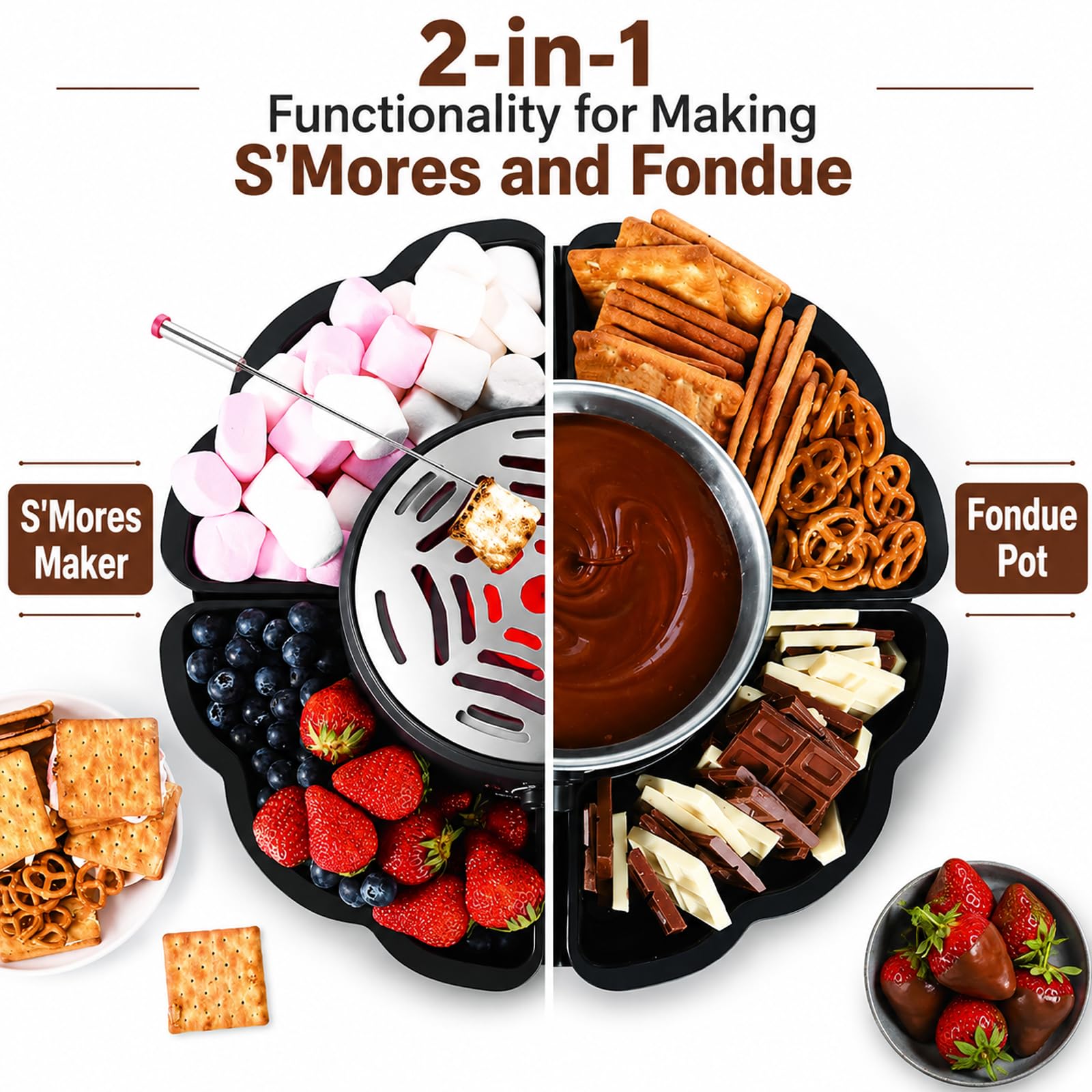 Set 2 en 1 de S'Mores y Fondue, Tostador sin Llama con 3 Niveles de Calor