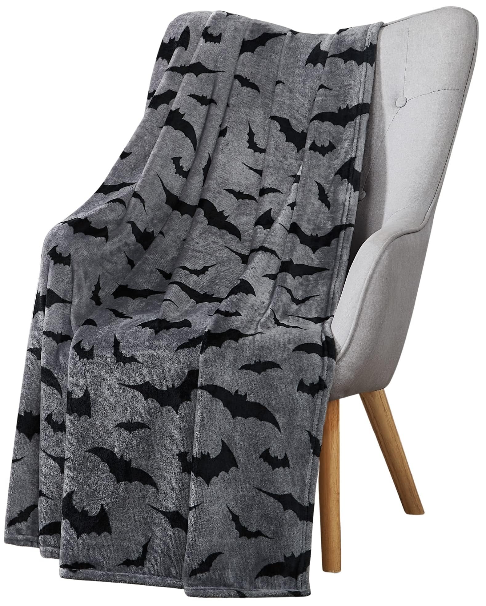 Halloween Throw Blanket : Black Bats on Gray Velvet Soft Fleece Overized Large 70" x 50" for Sofa Bed Couch Chair Dorm — image 1