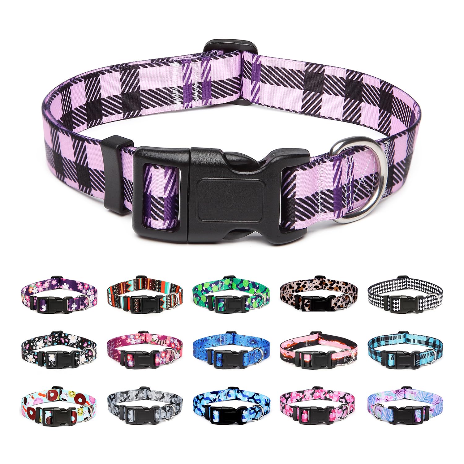 Mercano Hundehalsband Verstellbares, Weich Nylon Komfort & Robuster Gemustertes Hunde Halsband für Kleine Mittlere Große Hunde Welpen Katzen (L, Kariertes Lila)