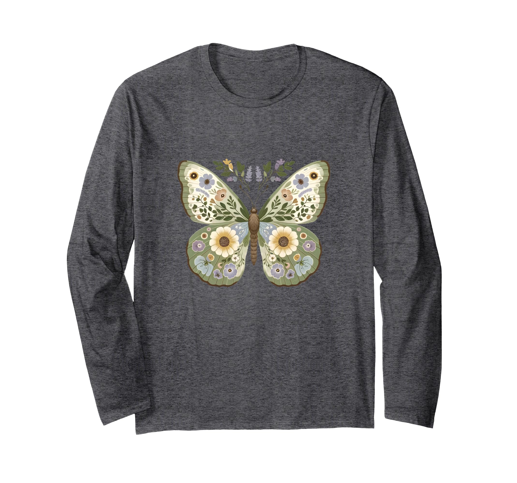 Cottage Core Butterfly Whimsical Soft Green Brown Lavender Long Sleeve T-Shirt