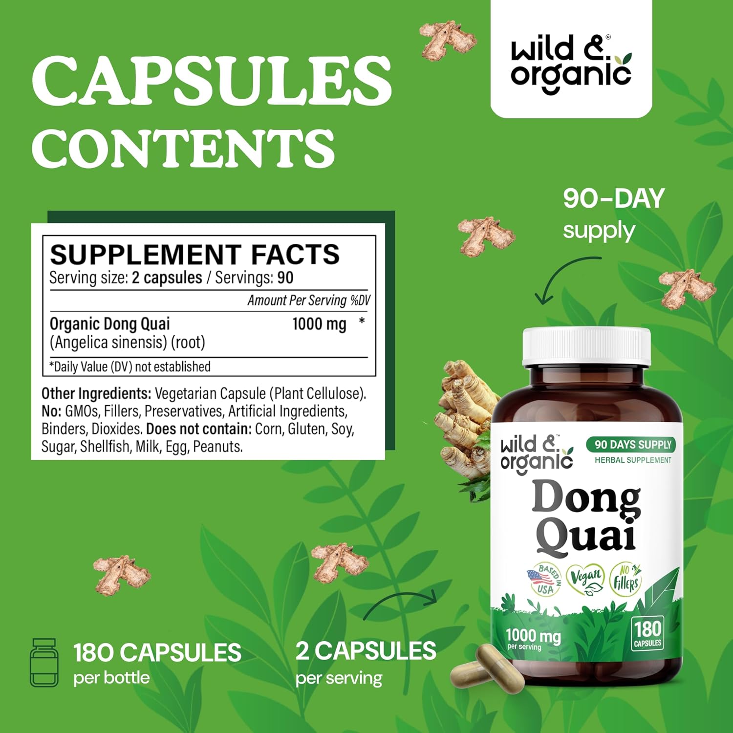 Wild & Organic Dong Quai Capsules 1000 mg - Menopause Supplements for Women - Dong Quai Root Supplement - Angelica Root Herb - 90-Day Supply - Non-GMO, Vegan, Gluten-Free - 180 Count - Image 3