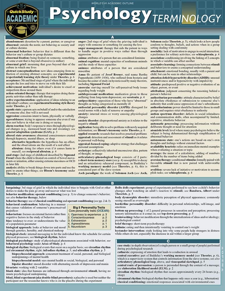 Psychology Terminology: a QuickStudy Laminated Reference Guide (Quickstudy Reference Guide)