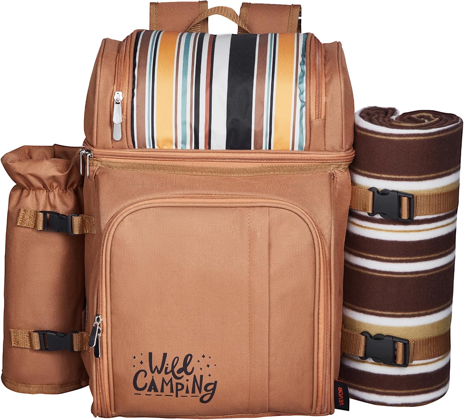 VEVOR Picnic Backpack, Beach Picnic Backpack Bag for 4 Person with Insulated Cooler Compartment, Detachable Bottle/Wine Holder, Lightweight Blanket, Plates and Cutlery Set for Hiking & Camping, Brown