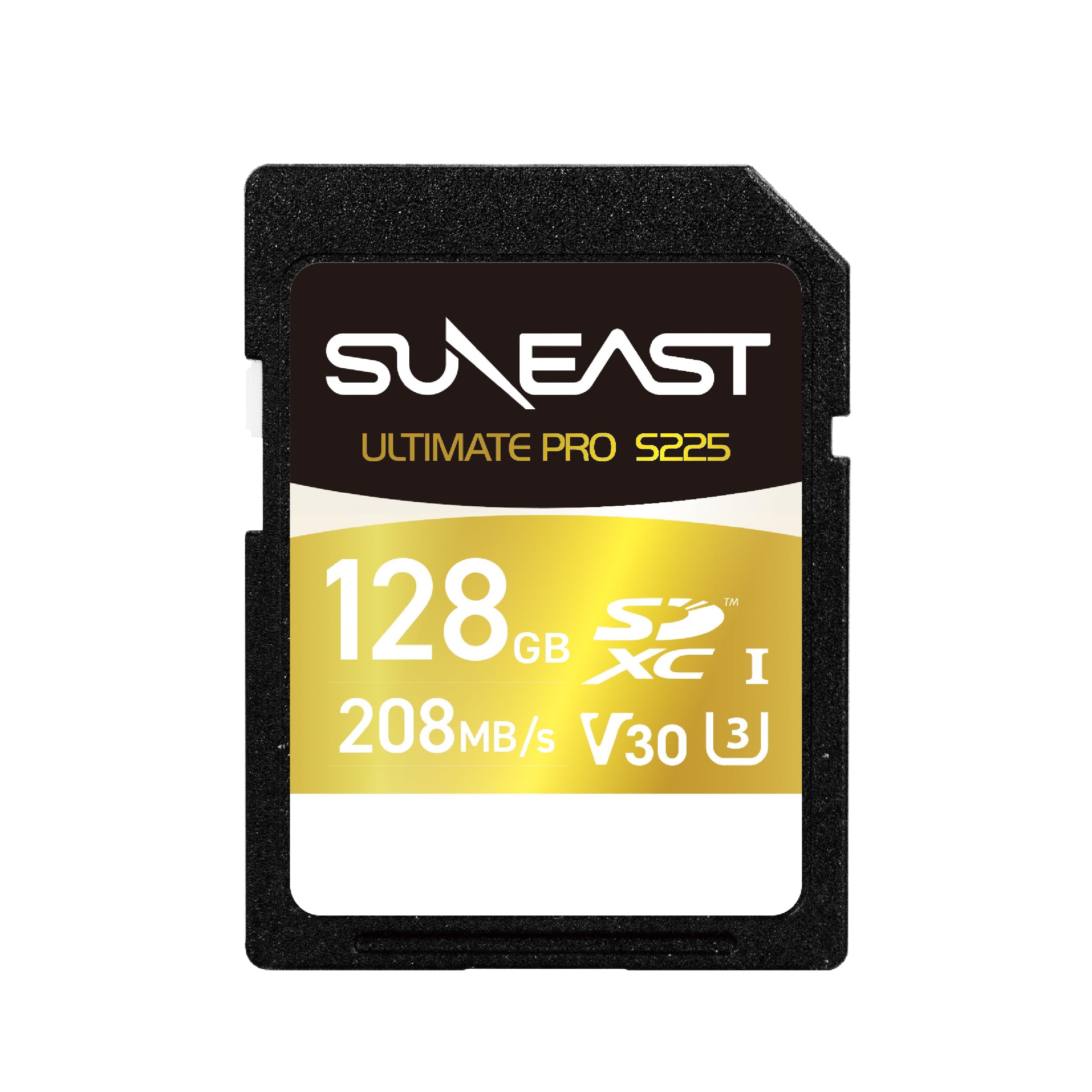 SUNEAST (Japón) Ultimate Pro Gold V30 U3 C10 UHS-I S225 SDXC - Tarjeta de Memoria SDXC de 128 GB, Lectura: 208 MB/s, Escritura: 115 MB/s con TLC NAND