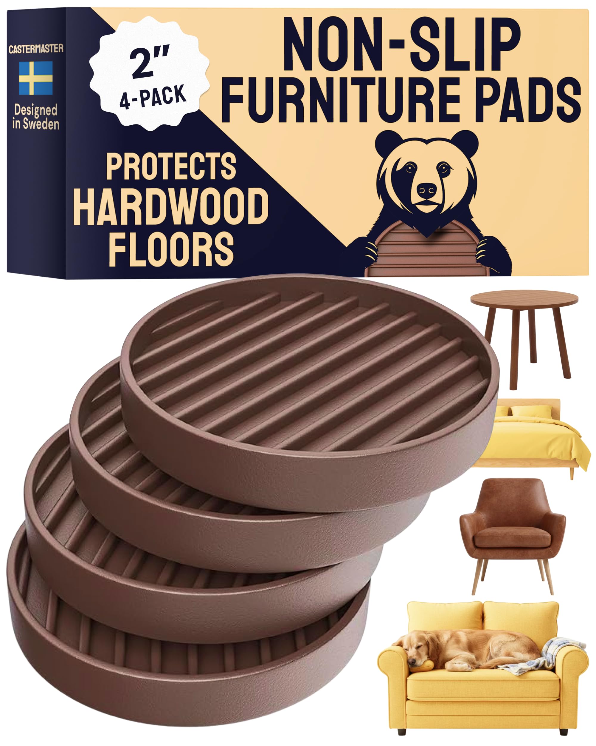 CasterMaster Chair Leg Floor Protectors & Furniture Sliders - 2 Inch, Round Brown, 4 pcs Non Slip Furniture Pads for Hardwood Floors, Noise Reduction Rubber Grippers, Couch Stoppers, Feet Coasters