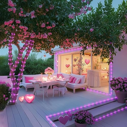 Miniatura 3 de JMEXSUSS Paquete de 2 tiras de luces rosas que funcionan con pilas, 33 pies, 100 LED, 8 modos, batería rosa, luces de San Valentín, impermeables,