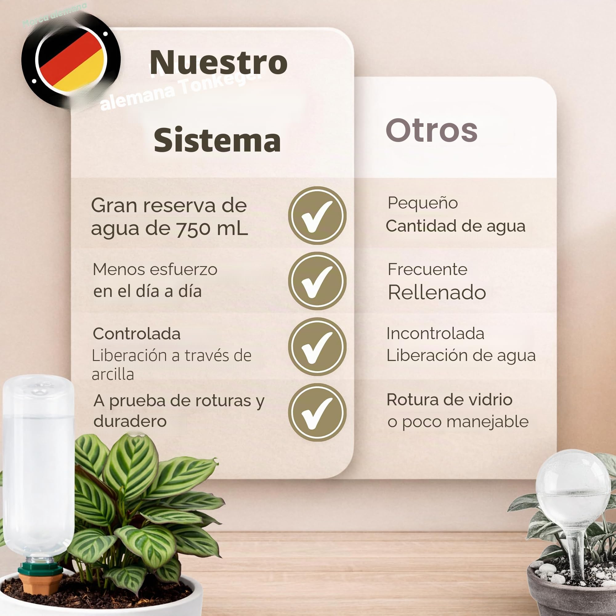 Sistema de riego para plantas, juego de conos de arcilla con adaptador y botellas de PET de 750 ml, riego automático de vacaciones para plantas de interior y balcón