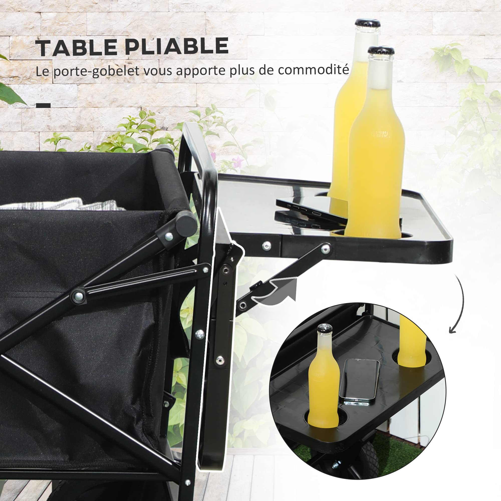 Chariot De Plage Pliable Outsunny - 4 Roues, 5 Poches, Poignée Réglable | Transport Facile Jusqu'à 100kg