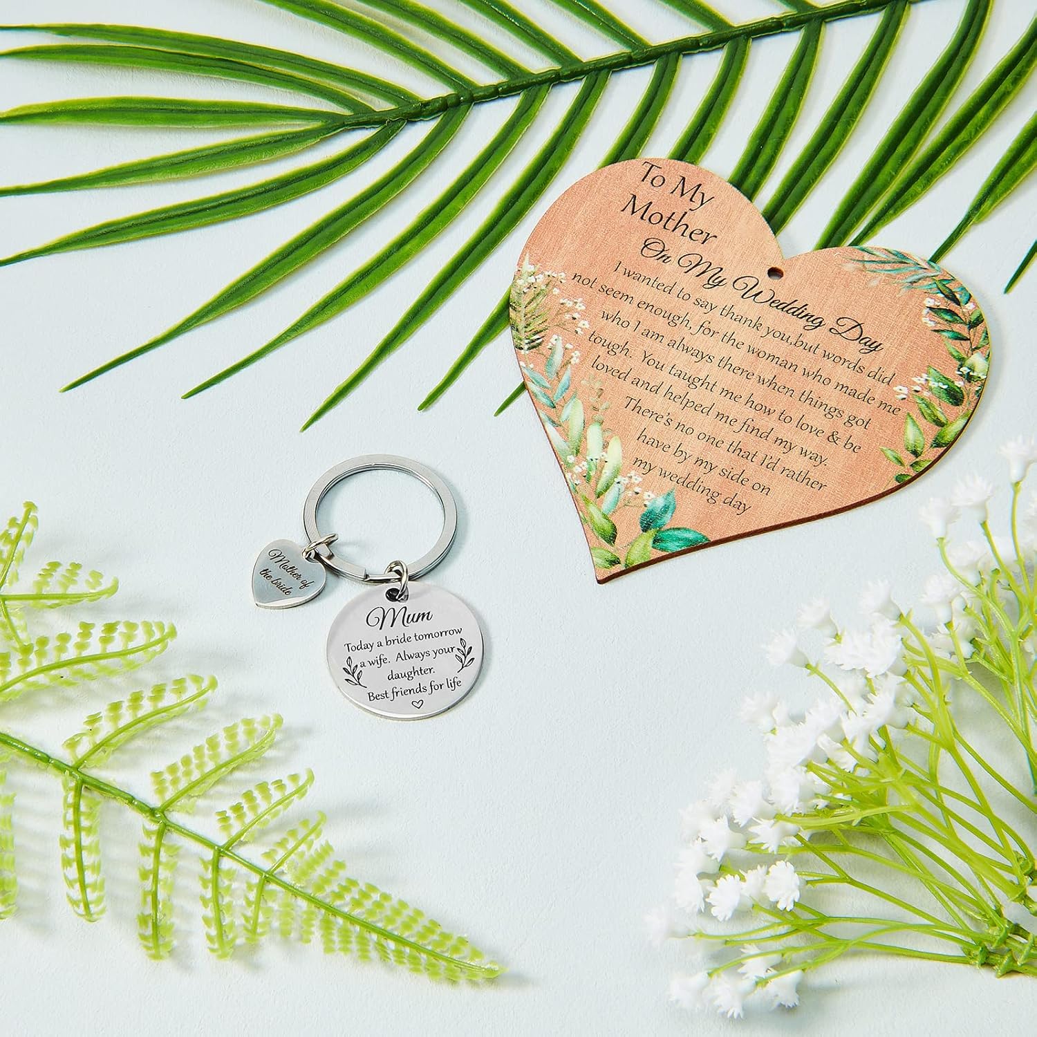 2 Pieces Wooden Mother of the Bride Gifts Wedding Gift Keyring Thank You Gifts for Women Rustic Hanging Heart Plaque to My Mother Wedding Gifts for Mother of the Bride Floral Ornament for Women - Image 5