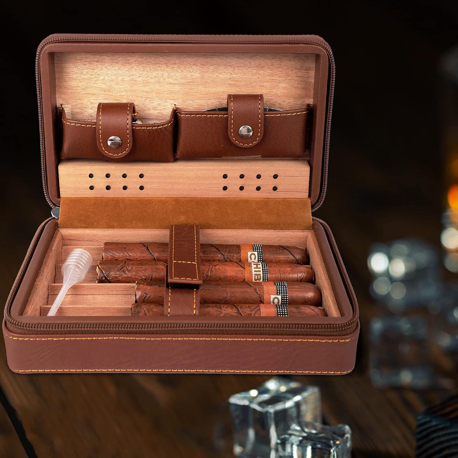 Time C Club 4-Finger Portable Travel Leather Cigar Case, Cigar Cutter,Cigar Humidor with Cigar Lighter and Humidifier, Groomsmen Gift, Birthday Gift