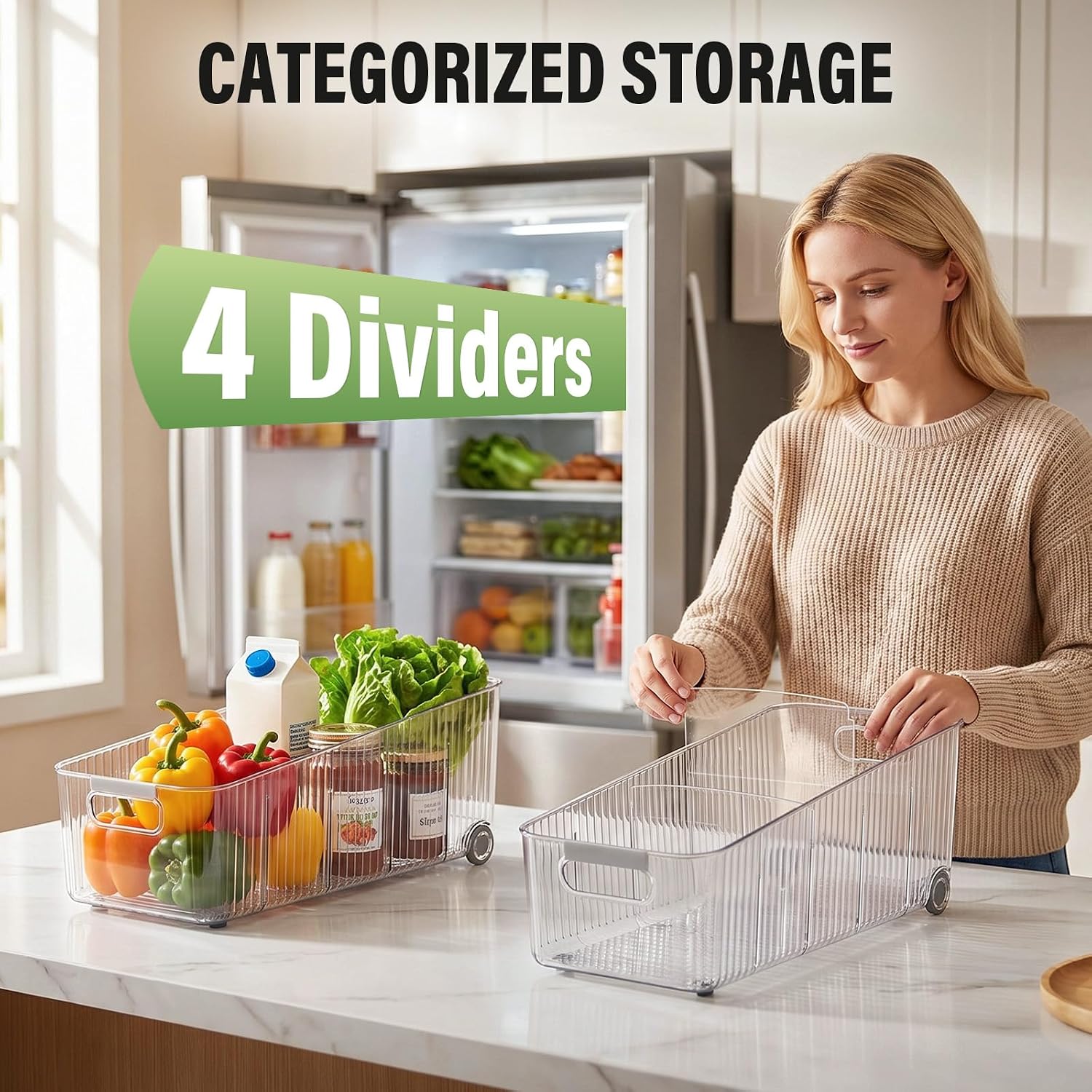 Fridge Organizer Bins with Wheels, Pull Out Fridge Organizer, Adjustable Dividers and Easy Pull Handles, Clear Plastic, 2-Pack, Suitable for Kitchen, Pantry and Cabinet Deep Shelves