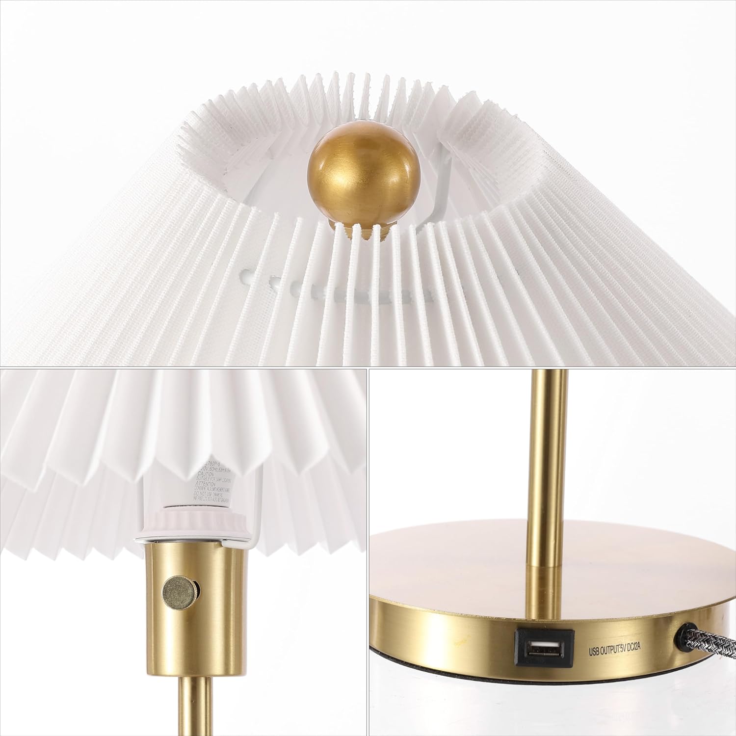 JONATHAN Y 21.25" Brass Gold Modern Glam Metal Column LED Table Lamp with USB Charging Port, Scandinavian Minimalist Bedside Lamp, White Pleated Shade, LED Bulb Included JYL1149A