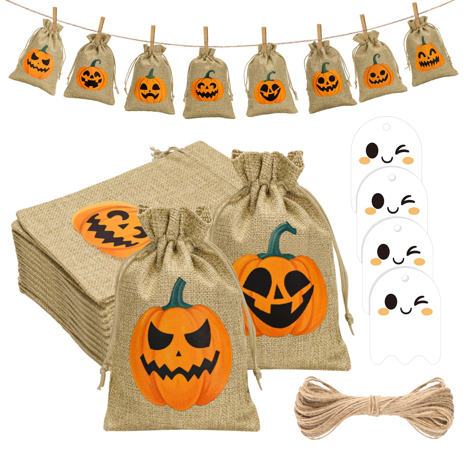 G2PLUS 24PCS Halloween Burlap Gift Bags, 10x15cm Treat Bags with Ghost Tags