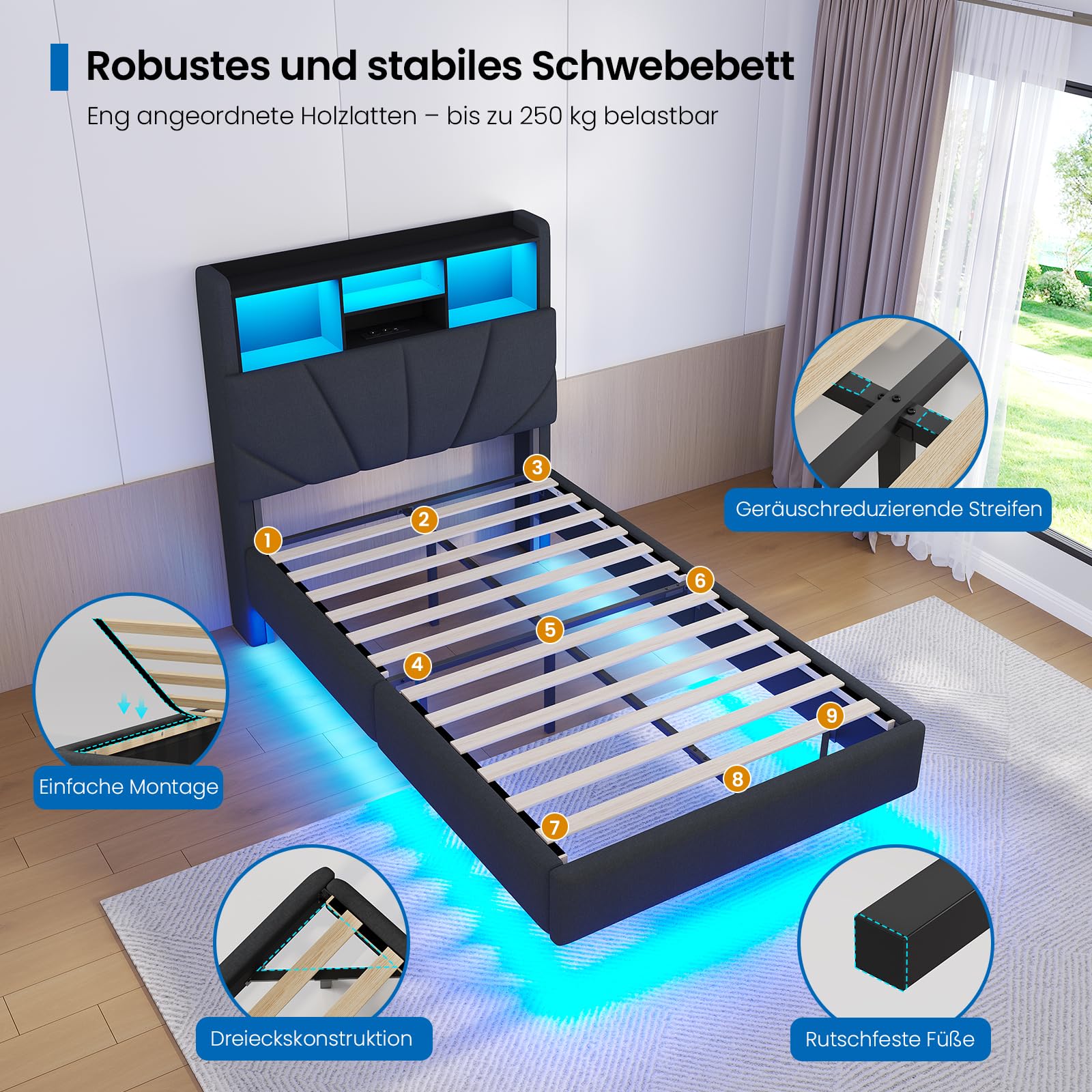 Brinlawb Schwebebett Polsterbett 90x200 cm mit LED-Beleuchtung und Ladestation (2 Steckdosen, 1 USB-A, 1 USB-C) Polsterkopfteil mit offenem Regal und verstecktem Stauraum, Jugendbett 90x200 cm Grau