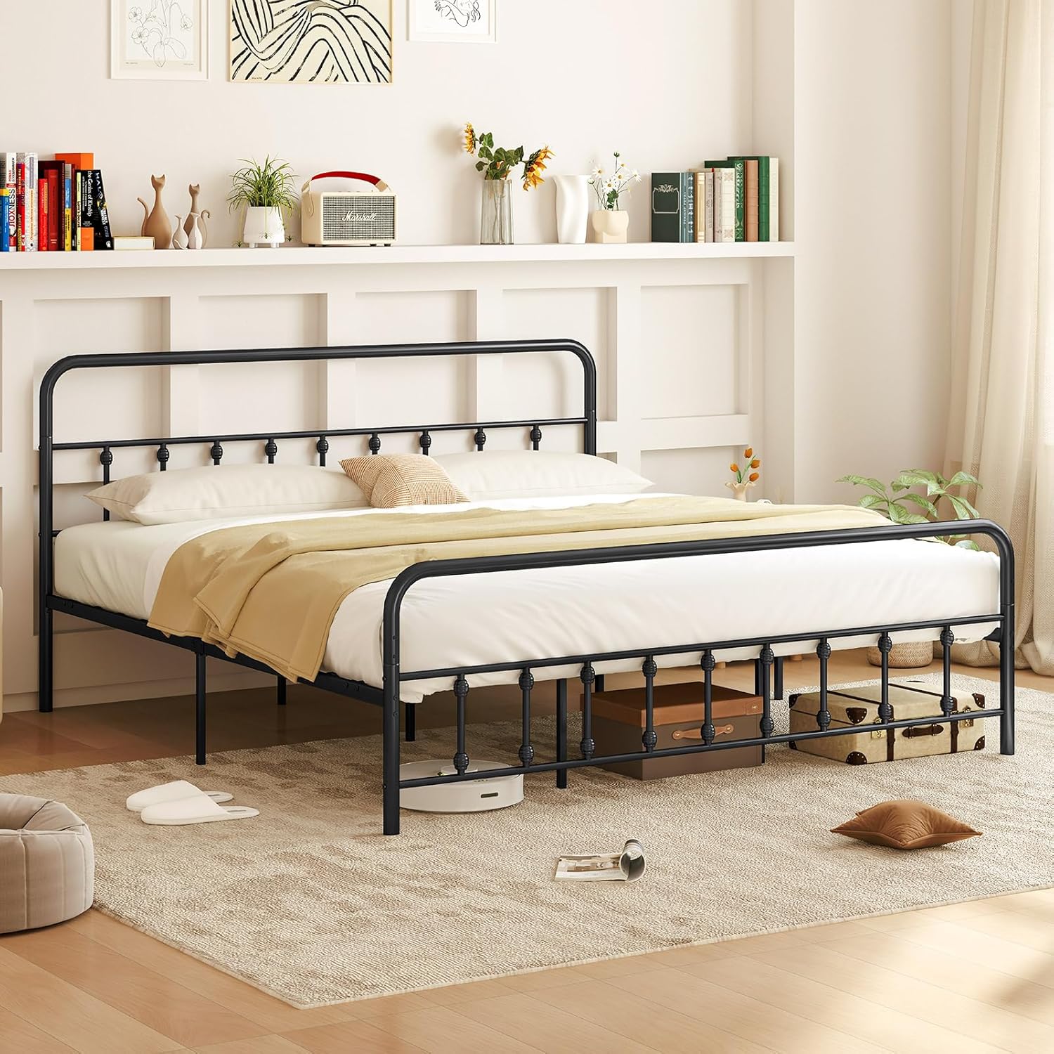 Giantex King Size Metal Platform Bed Frame, Victorian Style King Platform Bed with Headboard & Footboard, Heavy Duty Mattress Foundation, 1100 lbs Capacity, No Box Spring Needed, Noise-Free, Black