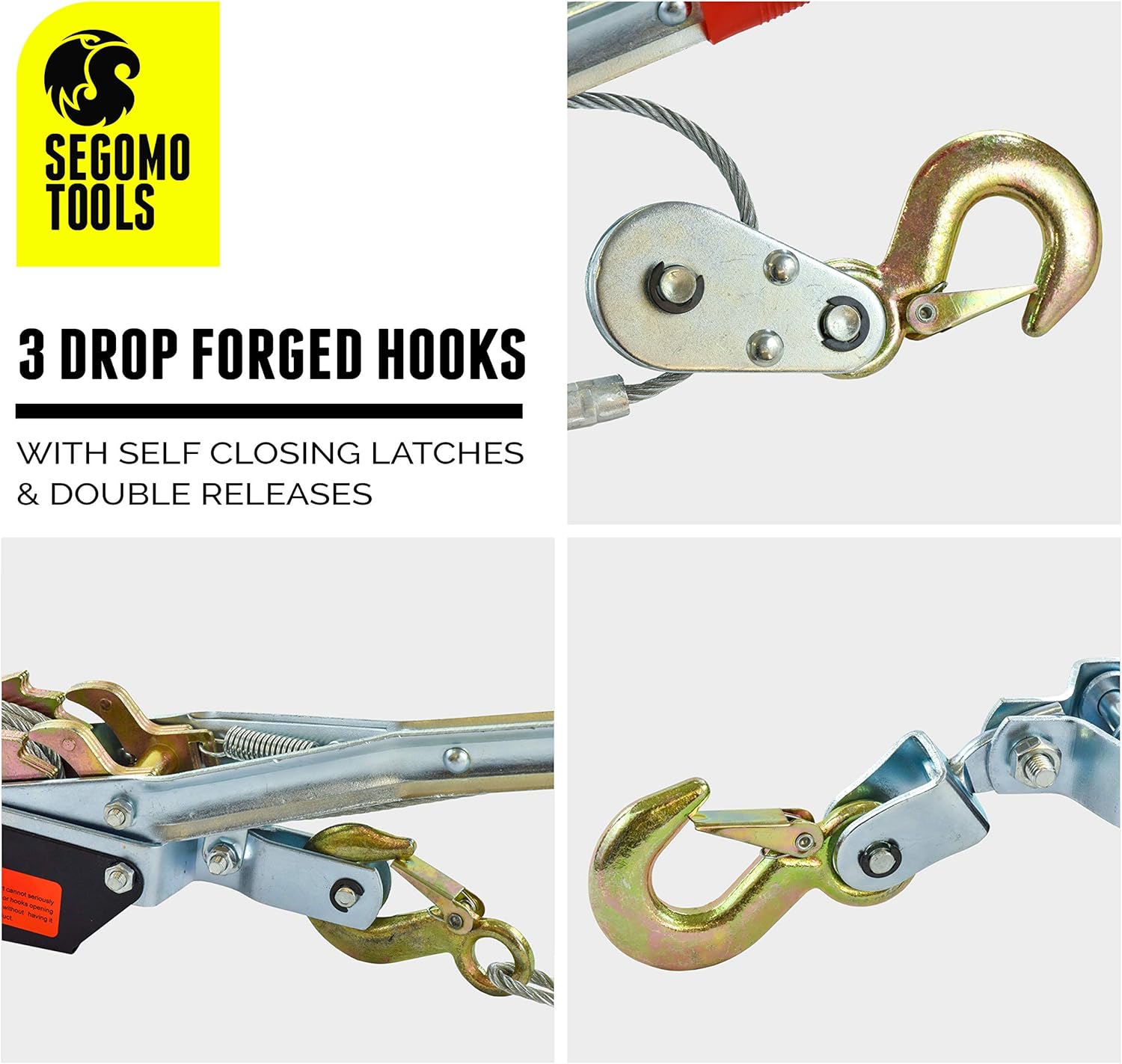 Segomo Tools 2 Ton Heavy Duty 3 Hook Steel Cable Dual Gear Power Ratchet Come Along Puller Tool | Cable Winch Puller | Cumalong | Come Along Winch Heavy Duty | 2 Ton Come Along Puller - POWERP2 : Industrial & Scientific