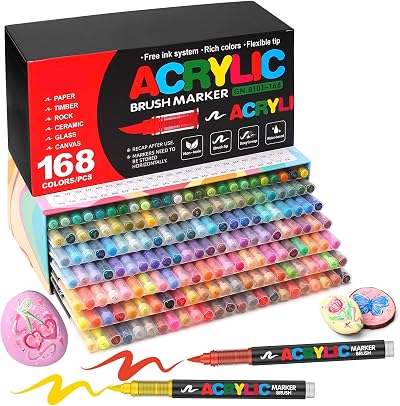 Amamao 168 Colors Acrylic Paint Markers, Soft Brush Tip Pens and Markers, Acrylic Paint Pens for Wood, Stone, Canvas, Glass, Fabric, Egg, Rock Painting and Crafts Art Supplies