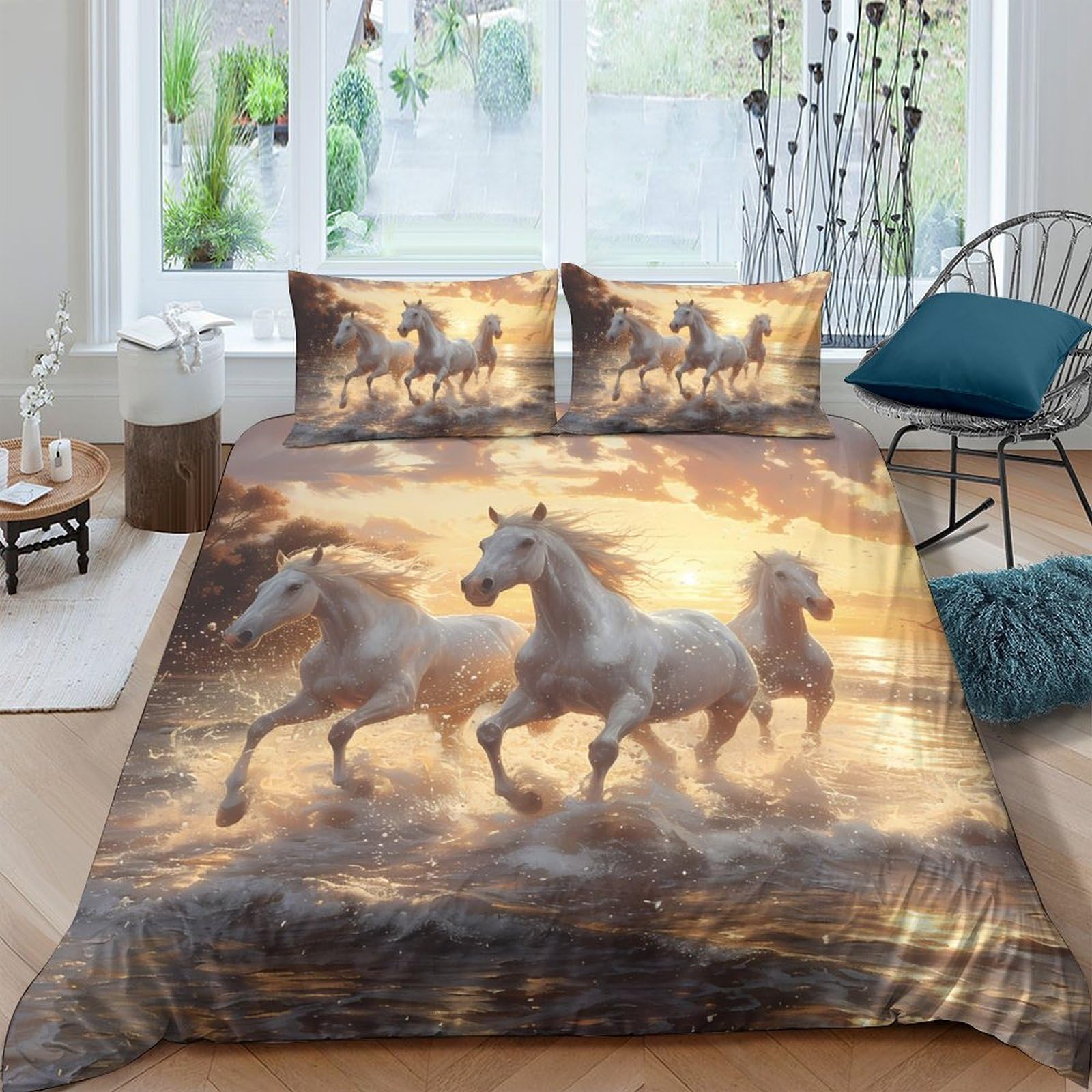 Ctjqhvkz Style-1 3D Printed Sunset Horse Fitted Sheet Microfiber Soft Breathable Wild Stallion Mattress Cover For Bedroom Guest Room Decor Single（135X200cm）