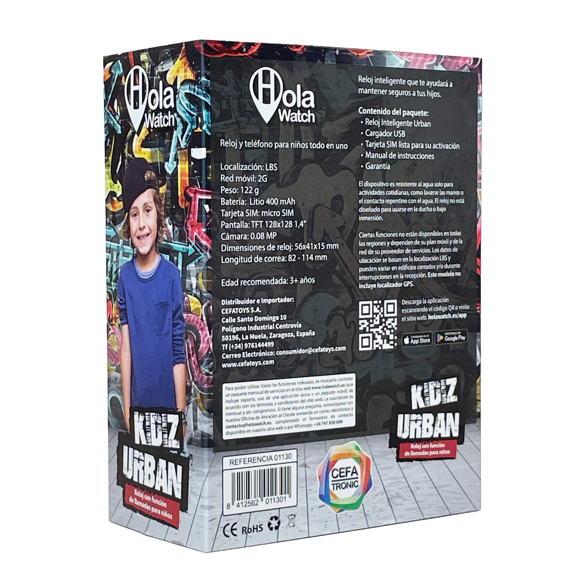 Cefa Toys - Reloj Inteligente Holawatch Urban Black, Entretenimiento para Niños y Seguridad para Padres, Conectividad 2G, Localización LBS, Tarjeta SIM, Pantalla Táctil, Cámara, Juegos y Llamadas