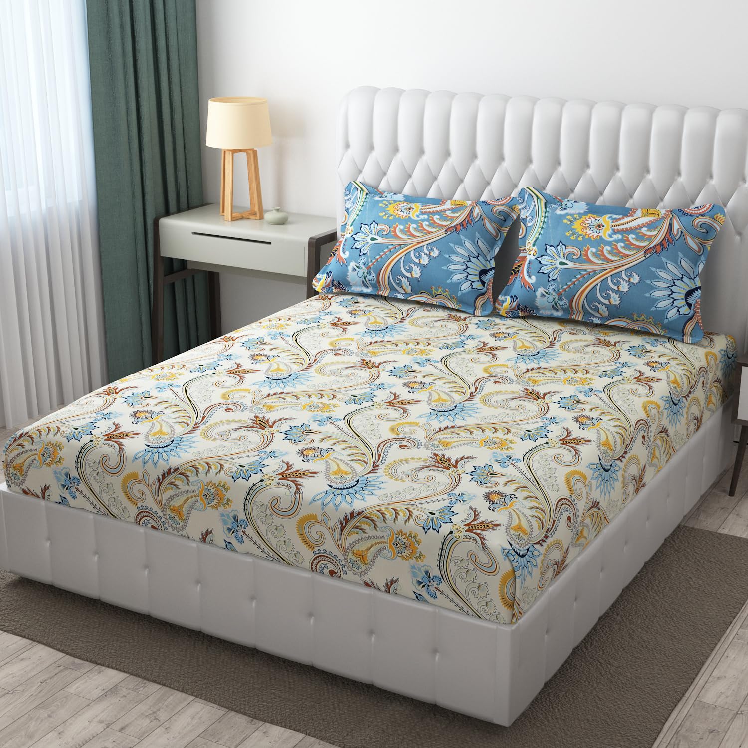 IVAZA 220 TC 100% Cambric Cotton Elastic Fitted Floral Printed King Size Double Bed Bedsheet wih 2 Pillow Cover (72"x78") Oxford Cream-picture-22