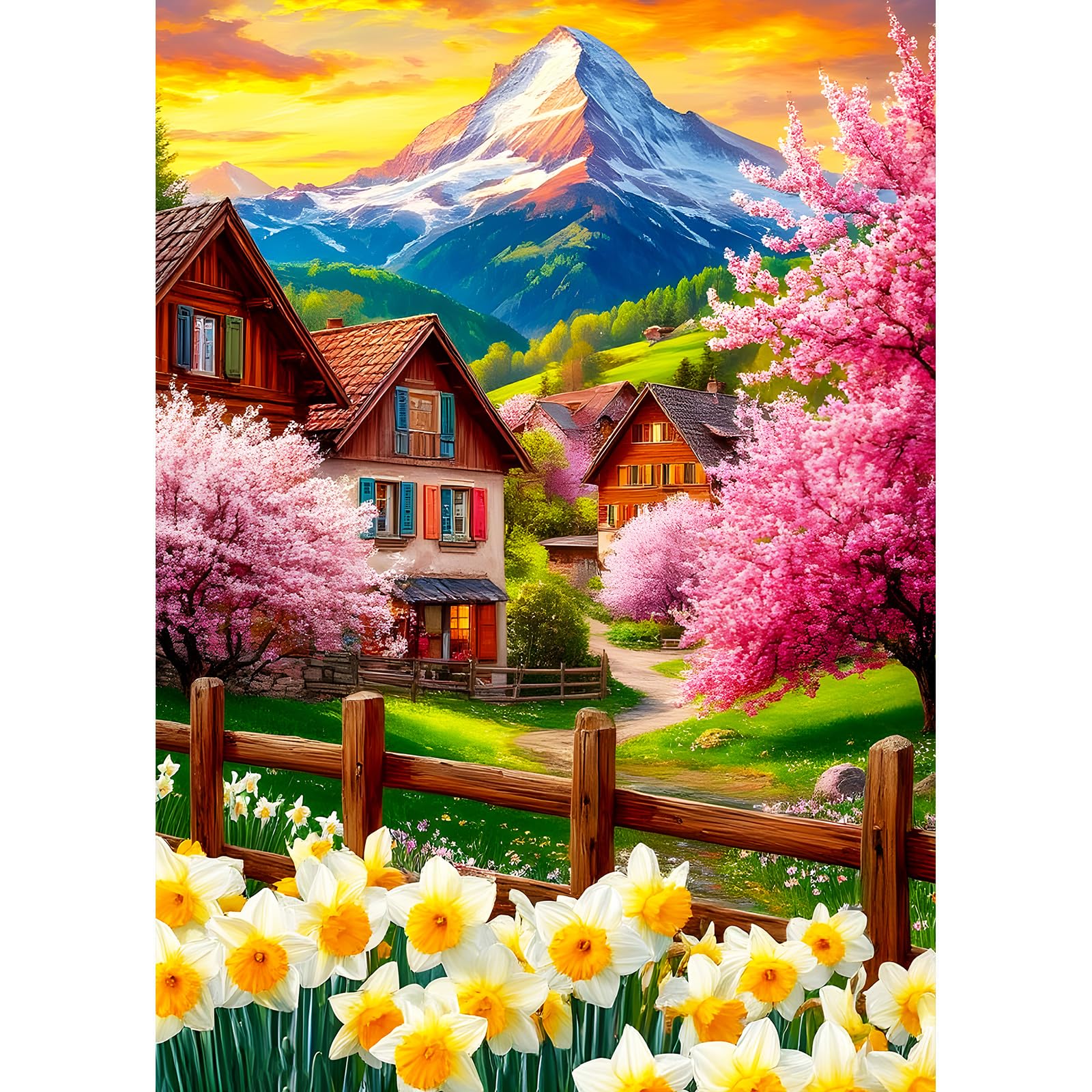 DPHERO Snow Mountain Diamond Painting Kits for Beginners Adults,5D DIY Cabin Flowers Diamond Art Kits,Round Full Drill Landscape Art Crafts,DIY Painting by Numbers for Home Wall Decor 12x16 inch