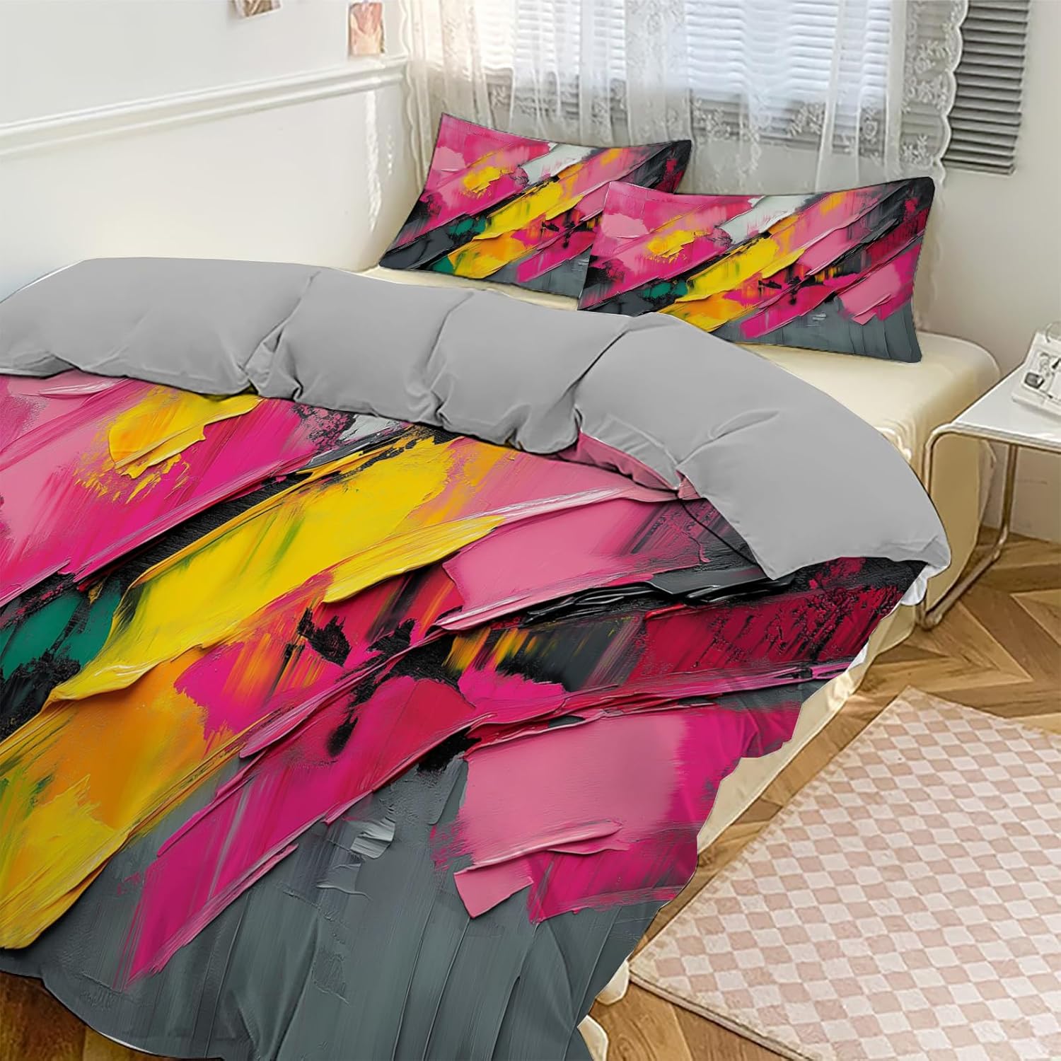Abstract colorful print Bedding Set for Comforter Cover Sports Theme Games Duvet Cover Set Bright Vibrant Room Decor Pink and yellow abstract painting Pattern Bedspread Cover Bedding Collection