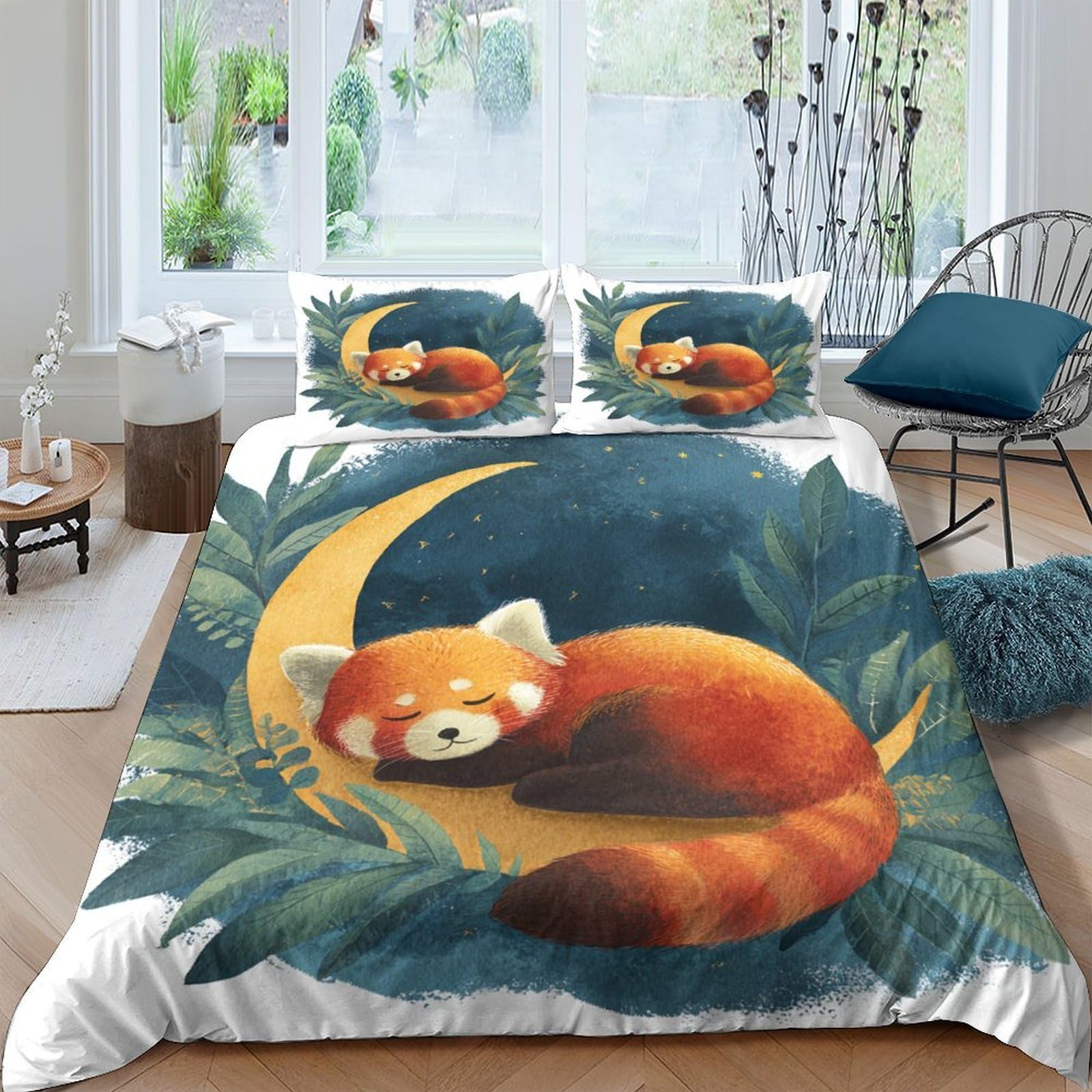 Ctjqhvkz Style-2 3D Printed Red Panda Moon Fitted Sheet Microfiber Soft Anti-Slip Forest Leaves Mattress Cover For Bedroom Dorm Decor Single（135X200cm）