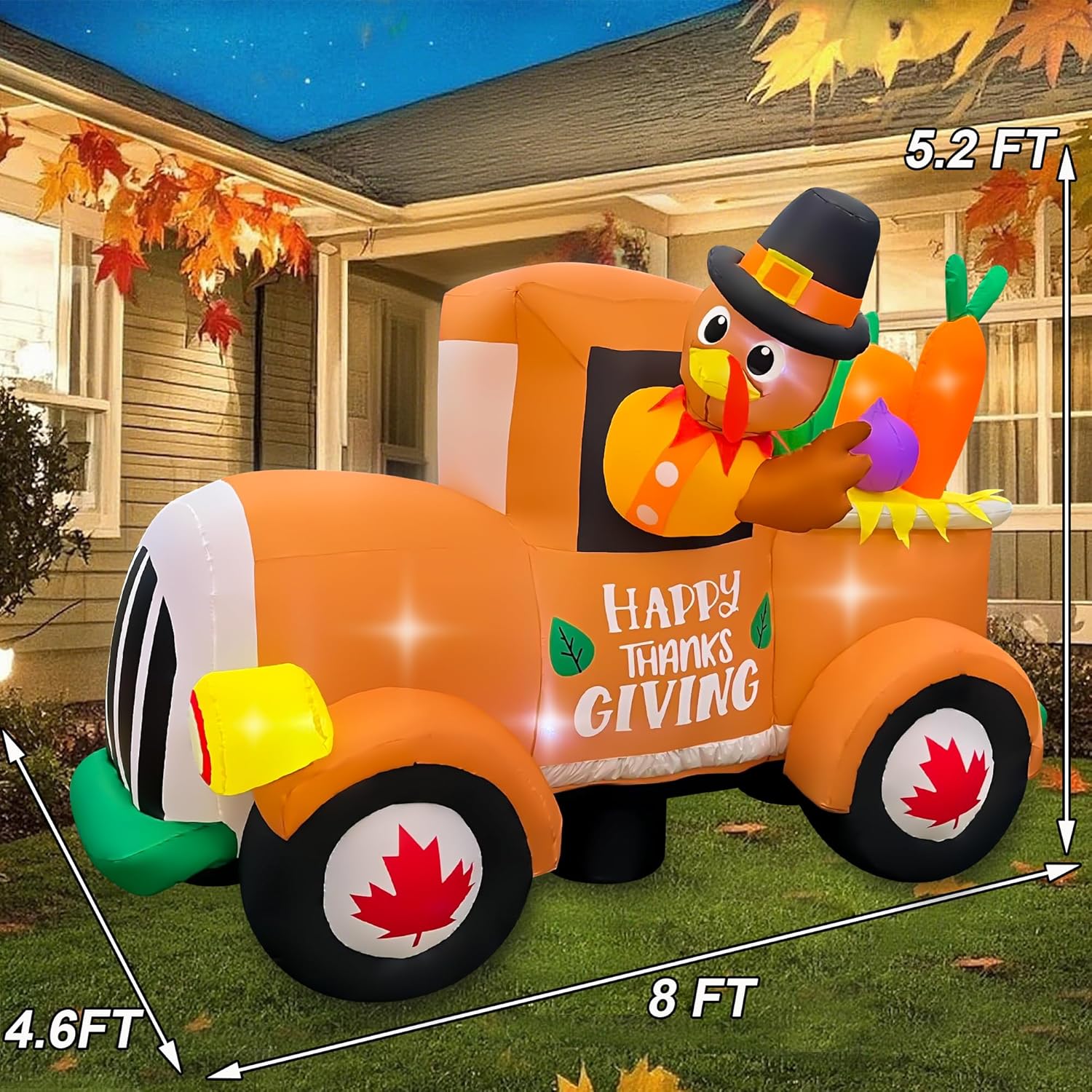 SEASONBLOW 8FT Thanksgiving Inflatable Car with Turkey Outdoor Decorations, LED Light Up Thanksgiving Blow Up Turkey with Corn and Pumpkin for Celebrate Autumns Fall Harvest Outdoor Garden Yard Decor