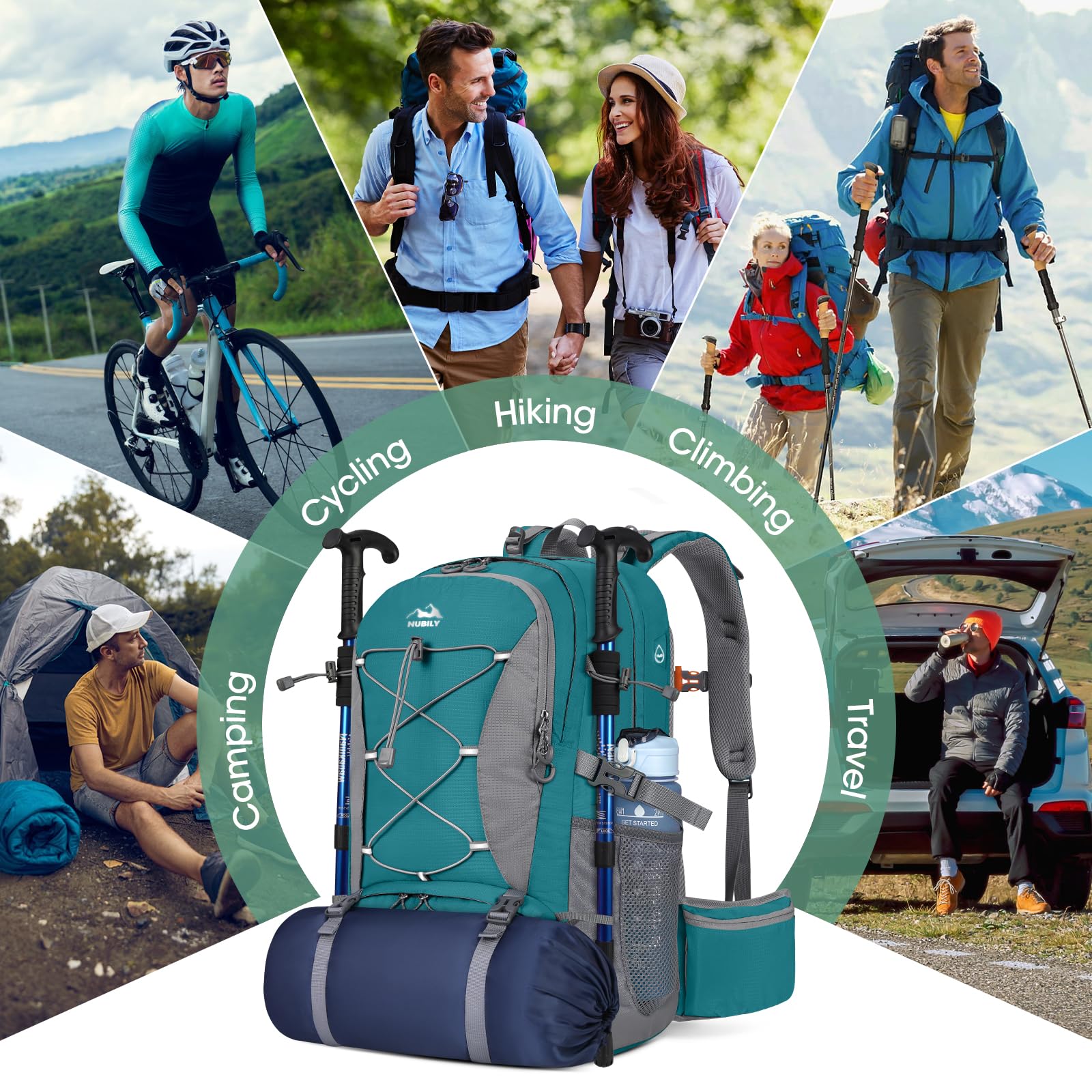 NUBILY Zaino Trekking 50L Impermeabile Montagna Uomo Escursionistico Donna Leggero da Viaggio Alla Moda Outdoor Campeggio Blu Verde
